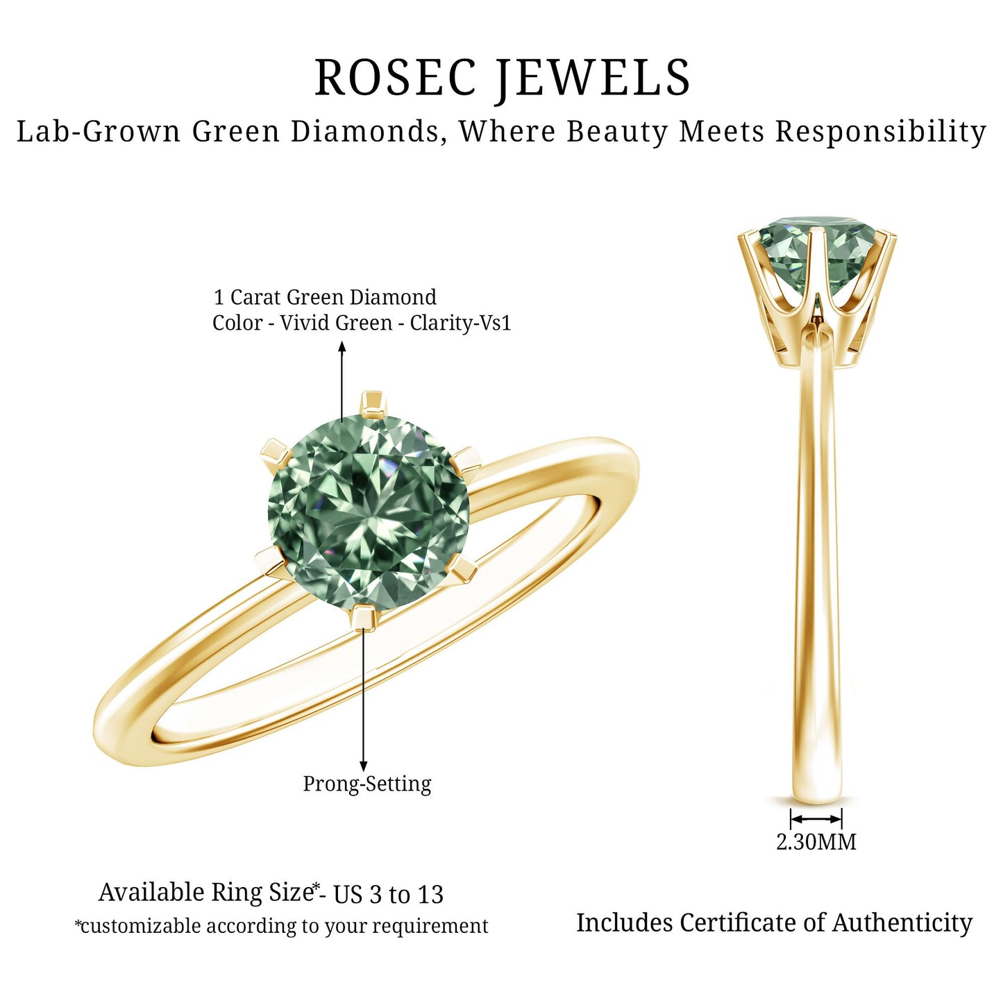 Lab Grown Green Diamond 1 Carat Solitaire Ring with IGI Certificate
