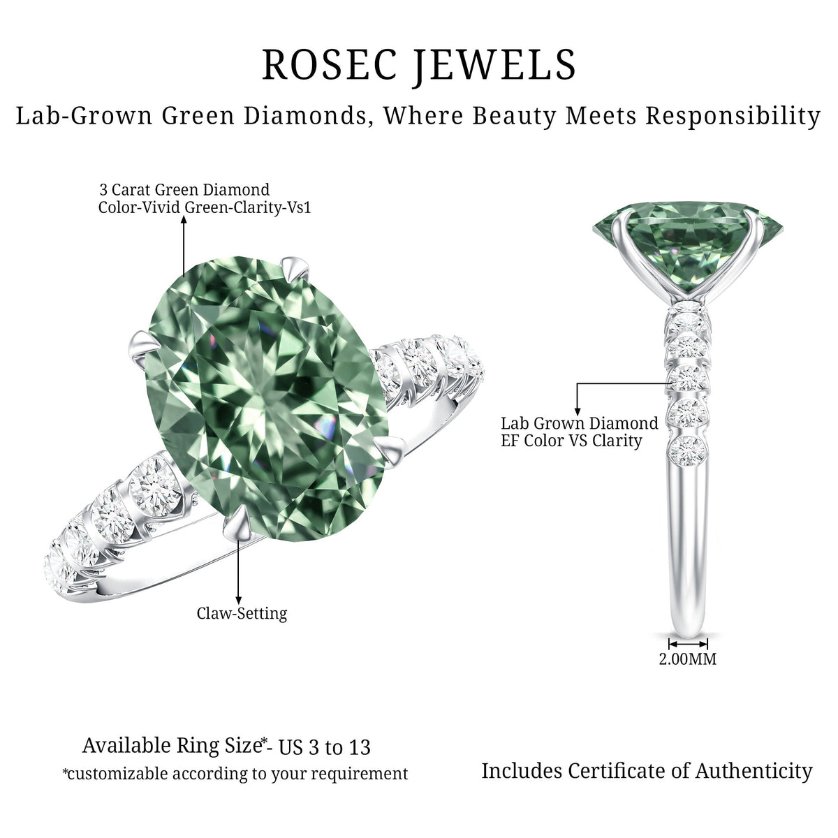 IGI Certified 3 Carat Oval Shape Lab Grown Green Diamond Engagement Ring