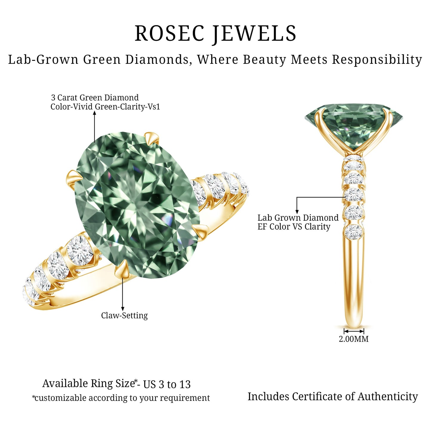 IGI Certified 3 Carat Oval Shape Lab Grown Green Diamond Engagement Ring