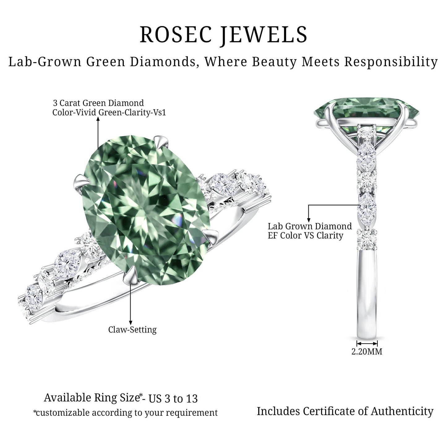 3 Carat IGI Certified Lab Grown Green Diamond Side Stone Engagement Ring for Women