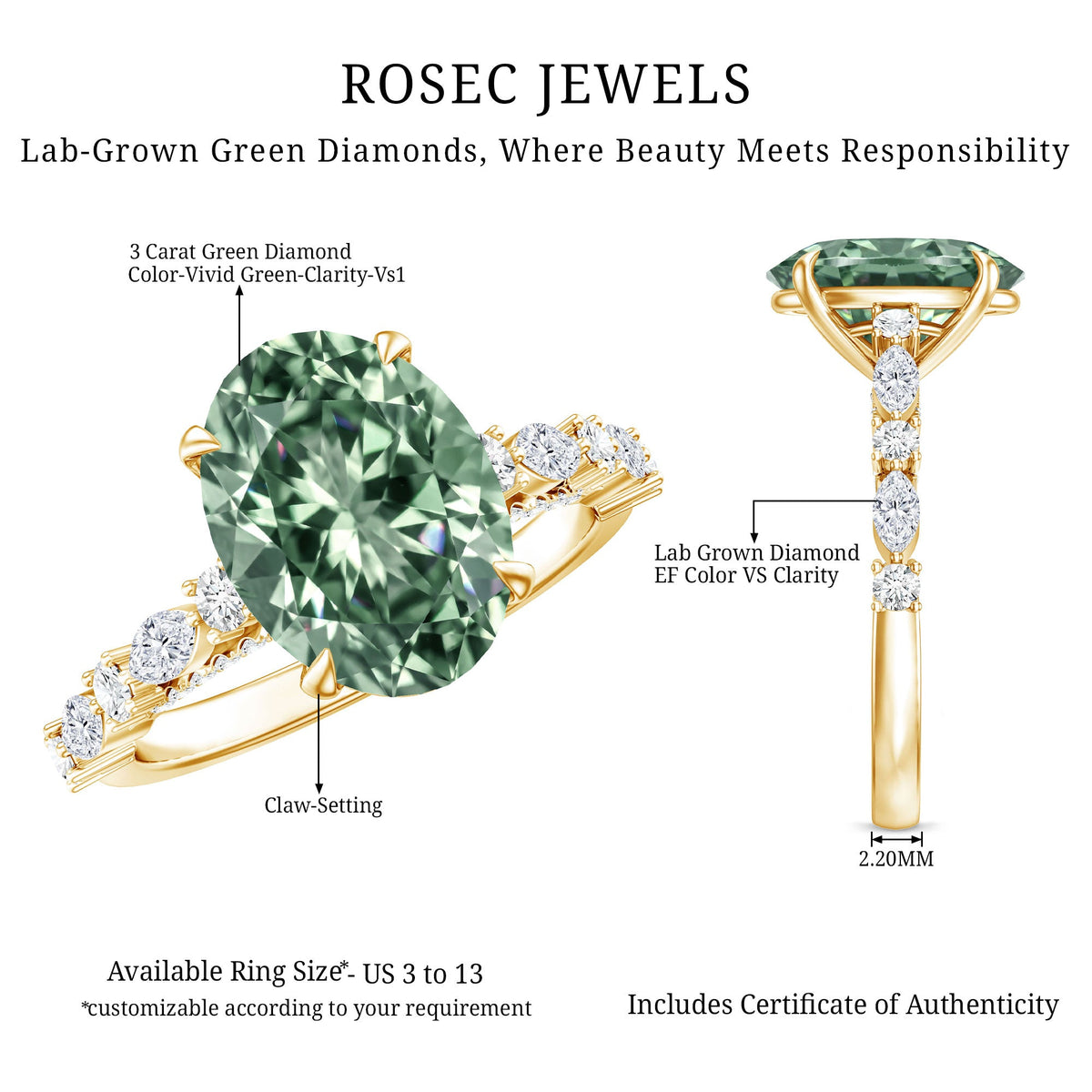 3 Carat IGI Certified Lab Grown Green Diamond Side Stone Engagement Ring for Women
