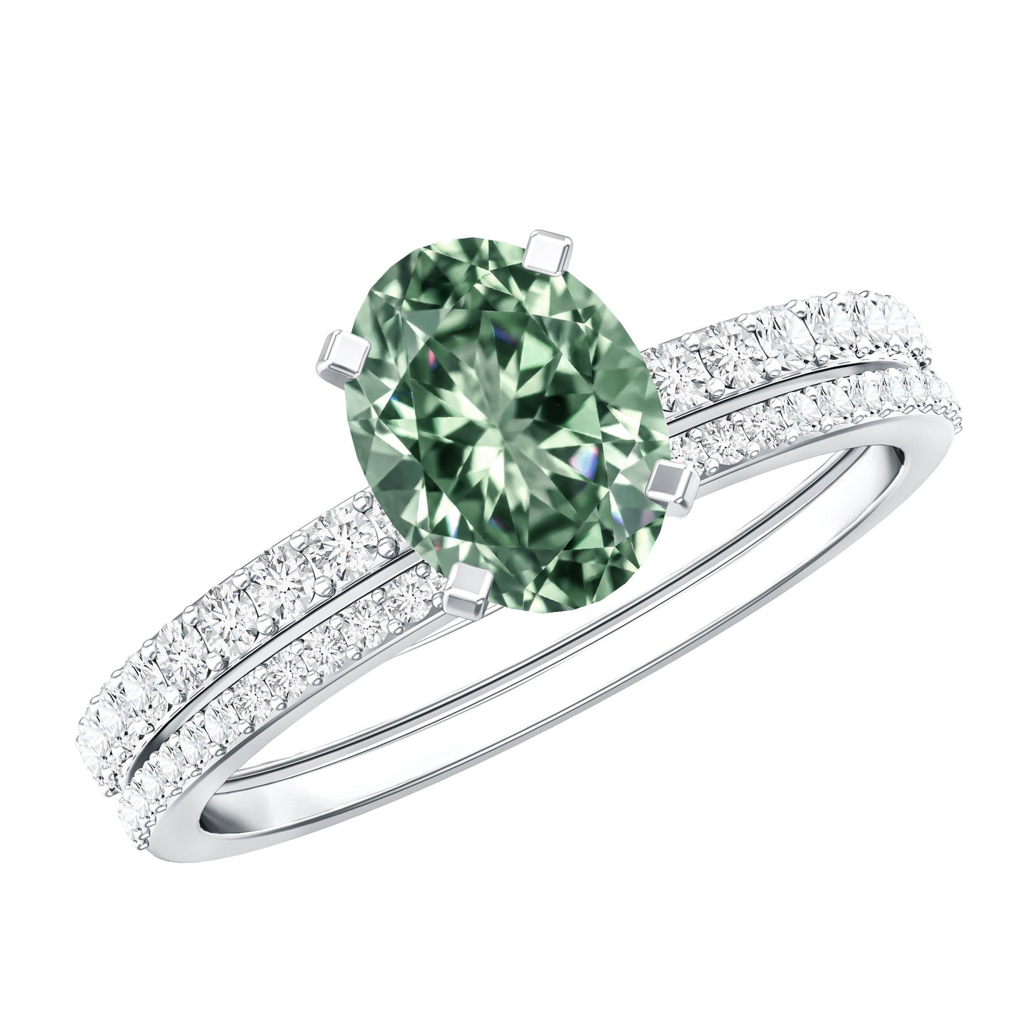 IGI Certified 1 Carat Lab Created Green Diamond Oval Engagement Ring Set