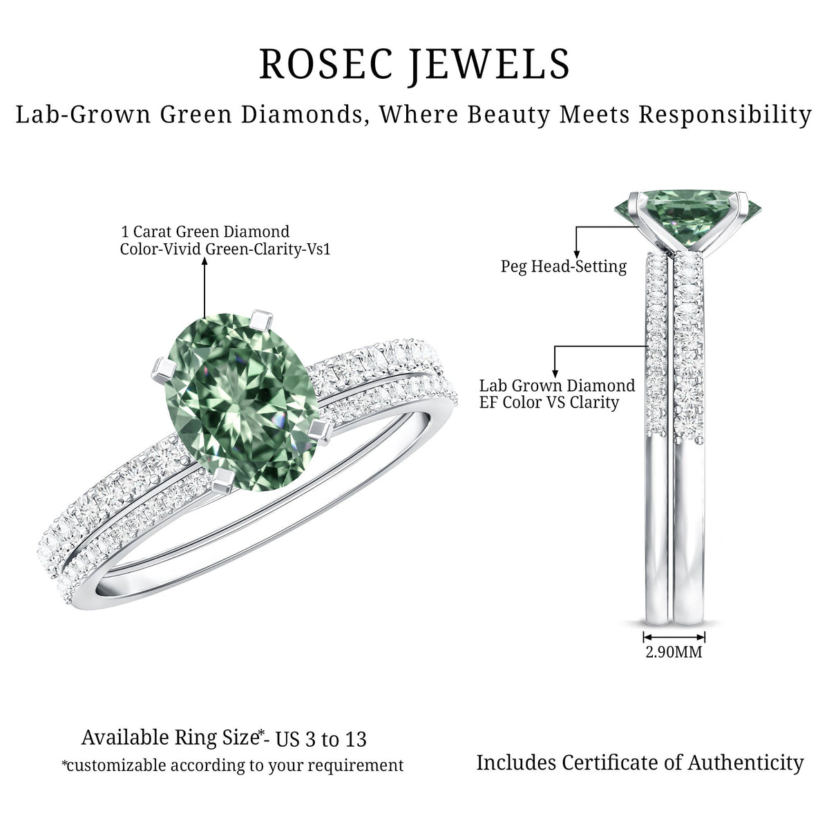 IGI Certified 1 Carat Lab Created Green Diamond Oval Engagement Ring Set