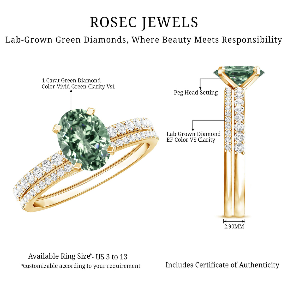 IGI Certified 1 Carat Lab Created Green Diamond Oval Engagement Ring Set