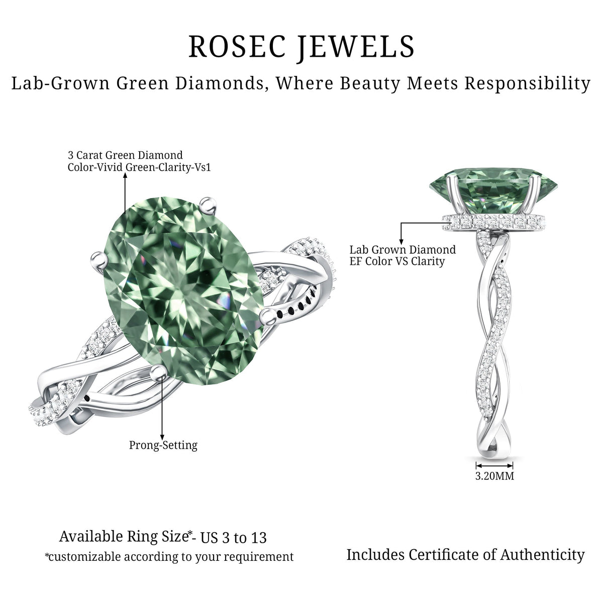 IGI Certified Lab Grown 3 Carat Green Diamond Braided Engagement Ring with Hidden Halo