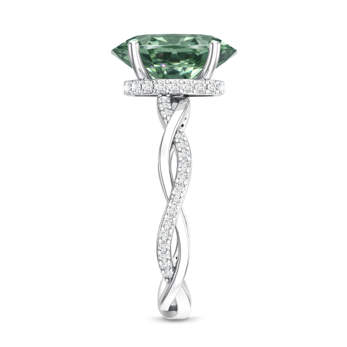 IGI Certified Lab Grown 3 Carat Green Diamond Braided Engagement Ring with Hidden Halo