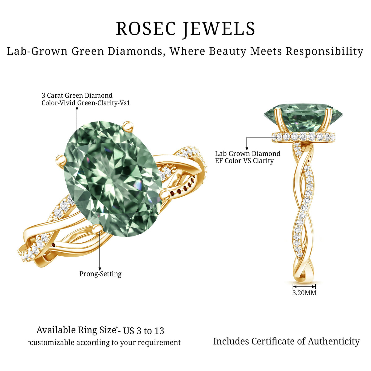 IGI Certified Lab Grown 3 Carat Green Diamond Braided Engagement Ring with Hidden Halo
