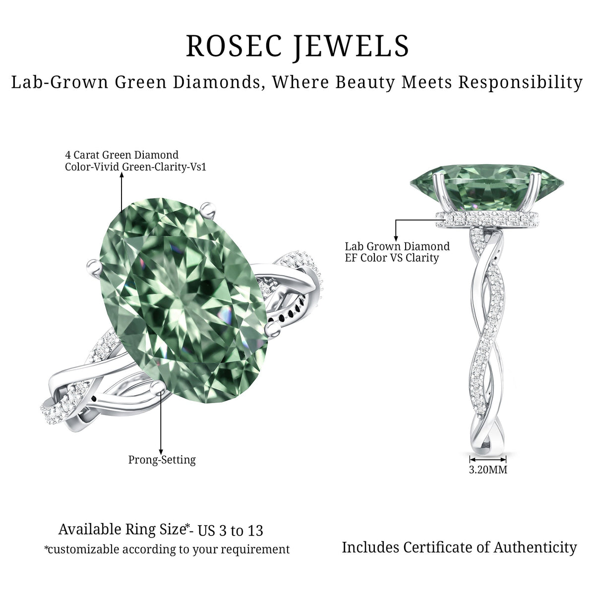 IGI Certified 4 Carat Huge Oval Lab Grown Green Diamond Braided Engagement Ring