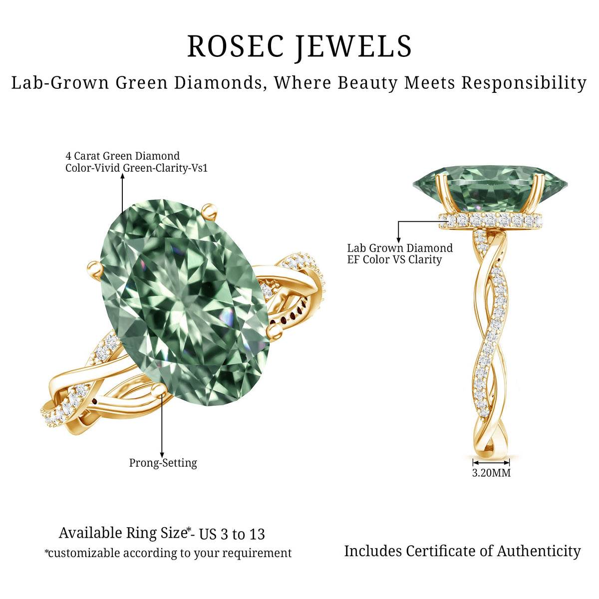 IGI Certified 4 Carat Huge Oval Lab Grown Green Diamond Braided Engagement Ring