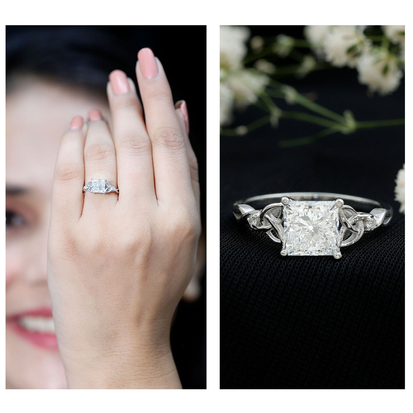 Princess Cut 2 Carat Lab Grown Diamond Celtic Engagement Ring with IGI Certificate