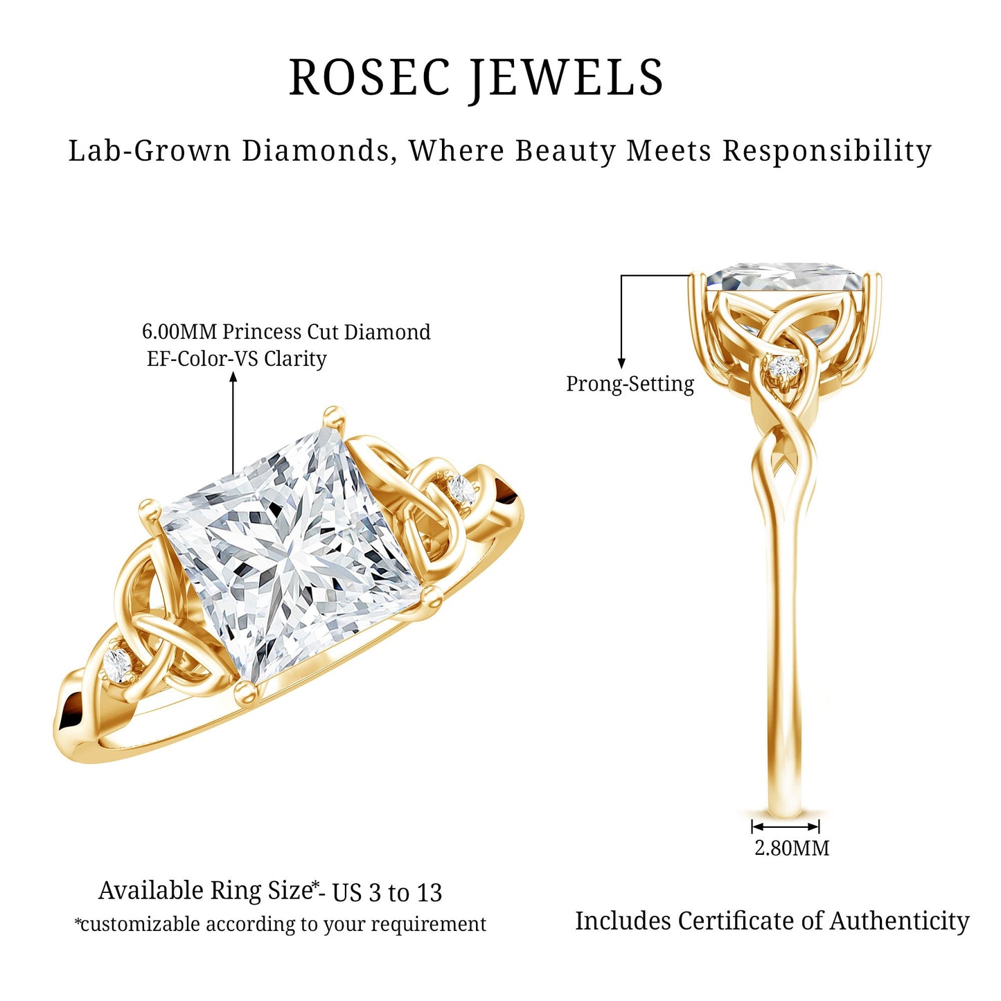 Princess Cut 2 Carat Lab Grown Diamond Celtic Engagement Ring with IGI Certificate