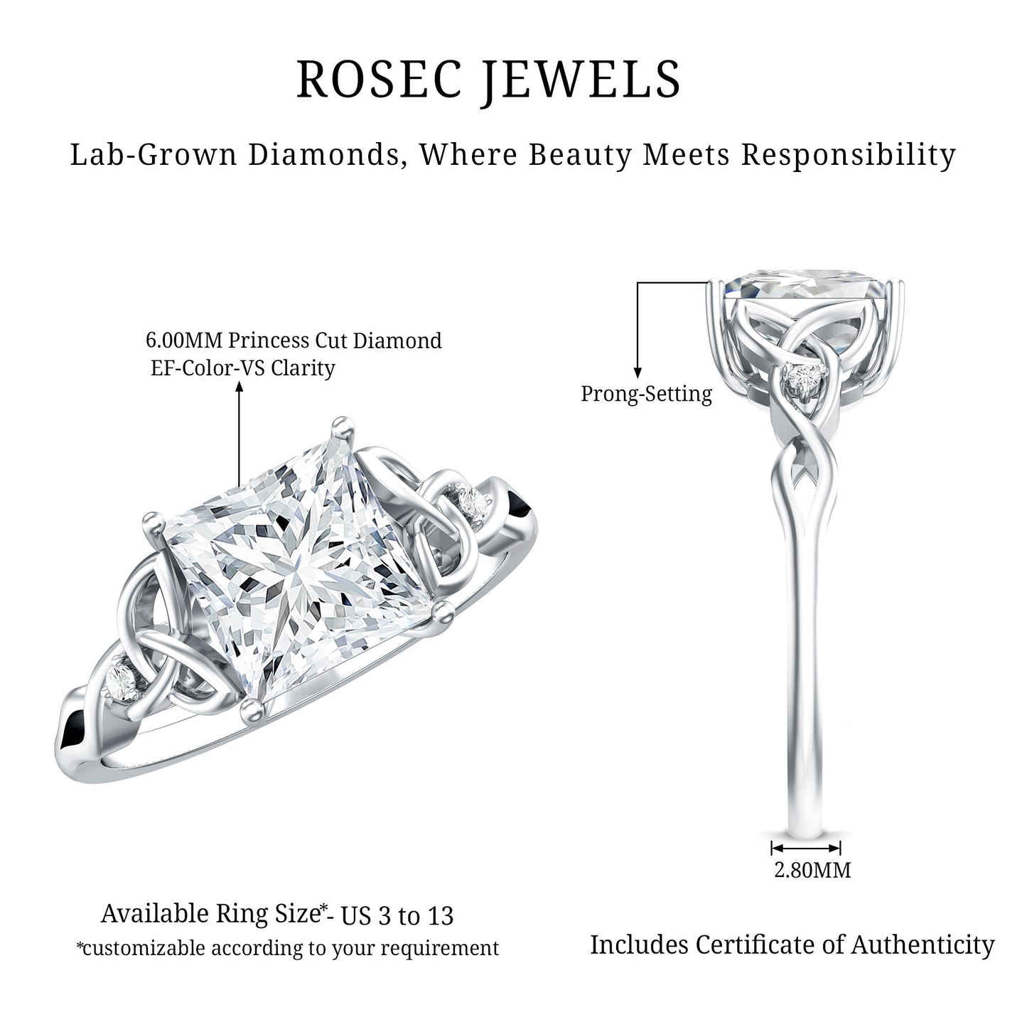 IGI Certified Lab Grown Diamond 3 Carat Princess Cut Engagement Ring with Celtic Knot