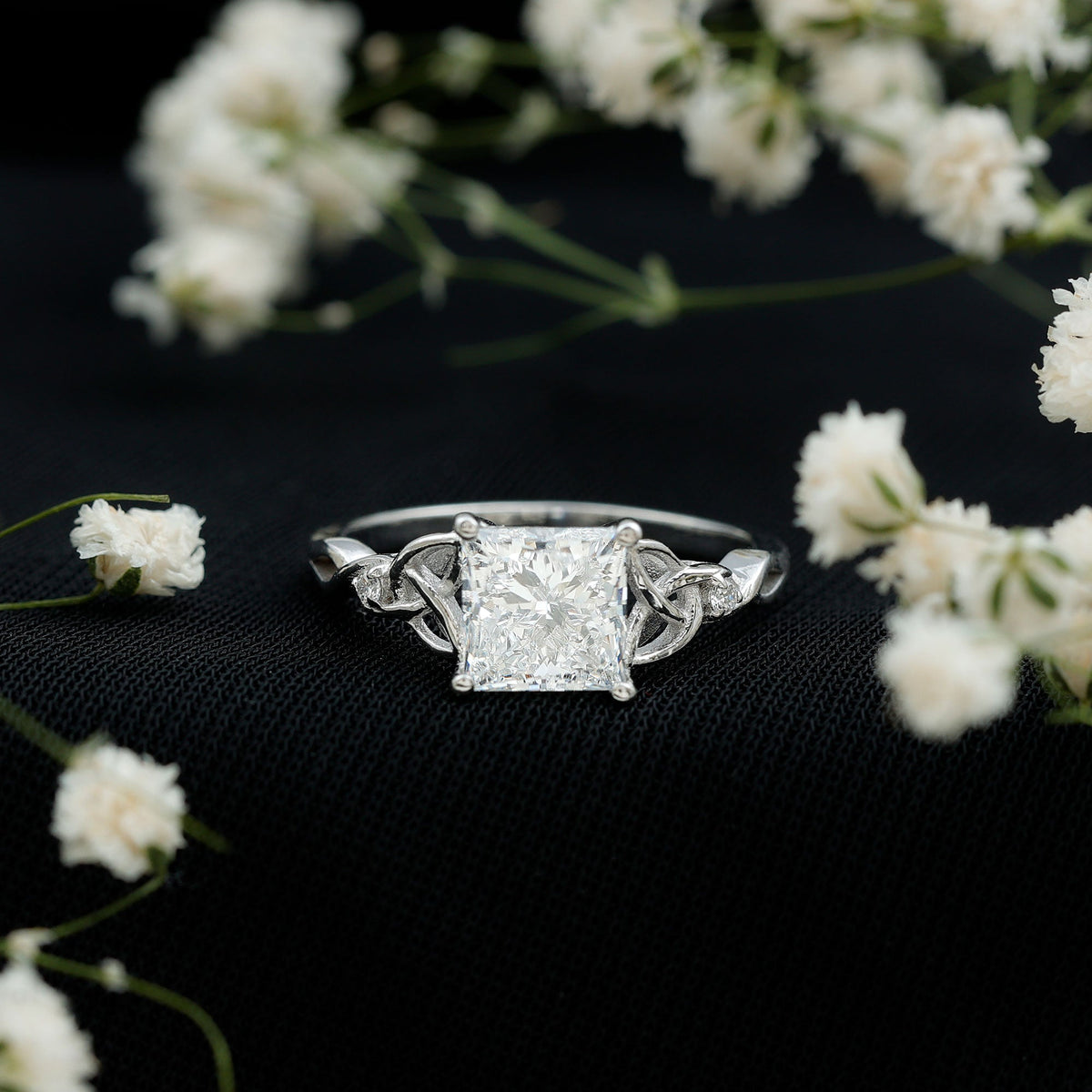 IGI Certified Lab Grown Diamond 3 Carat Princess Cut Engagement Ring with Celtic Knot