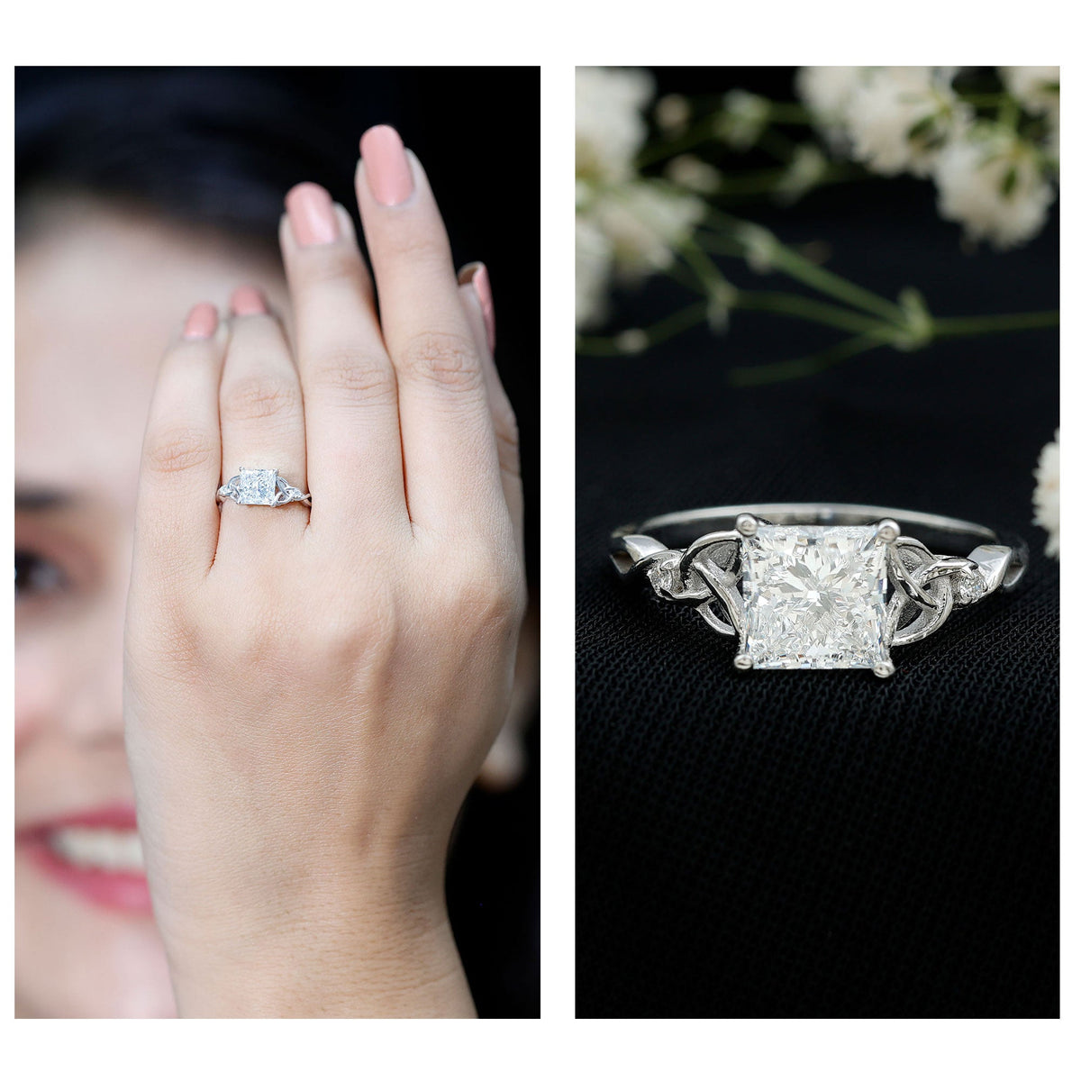 IGI Certified Lab Grown Diamond 3 Carat Princess Cut Engagement Ring with Celtic Knot