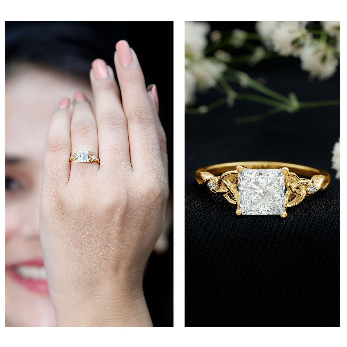 IGI Certified Lab Grown Diamond 3 Carat Princess Cut Engagement Ring with Celtic Knot