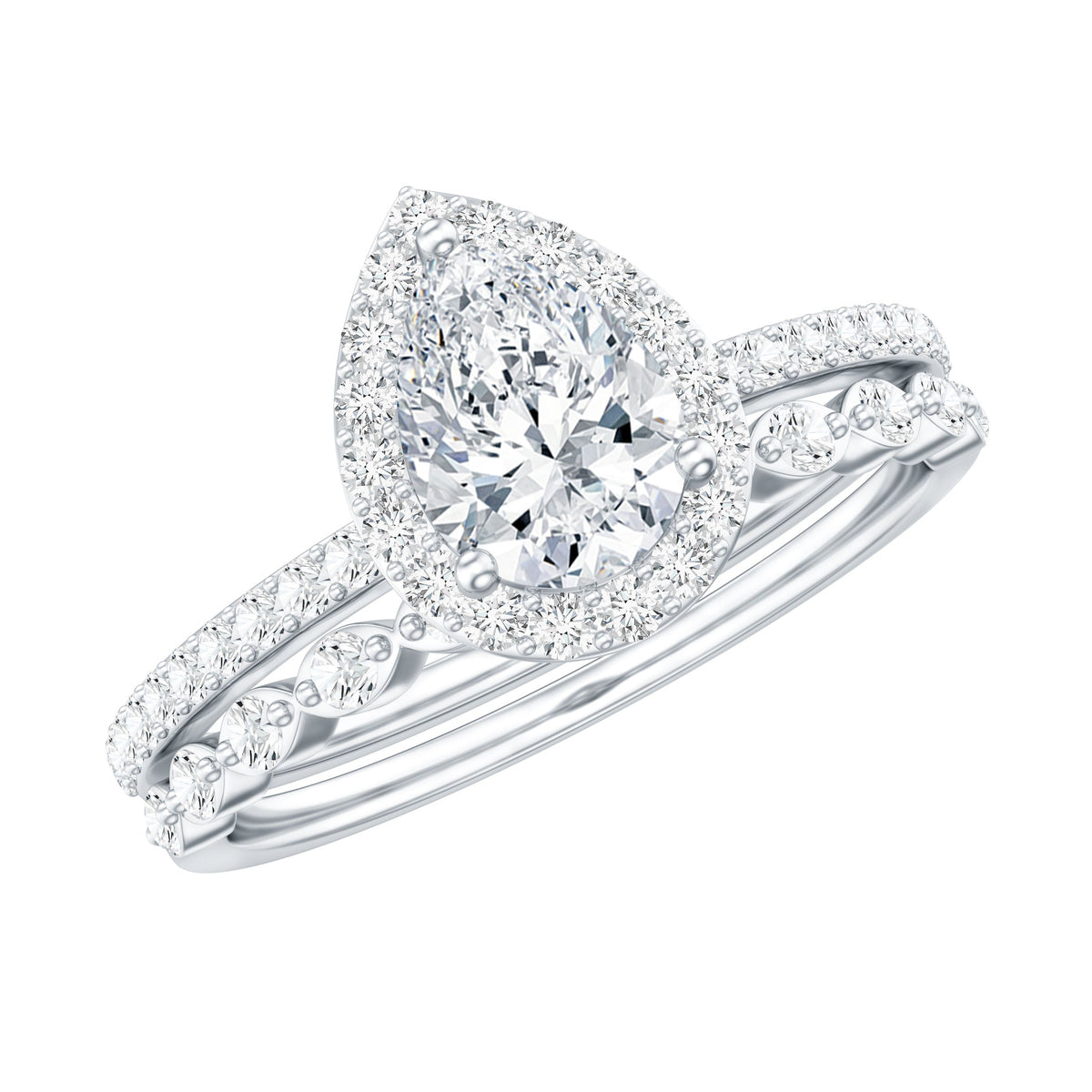 IGI Certified Pear Shaped Lab Grown Diamond Halo Wedding Ring Set 1 Carat