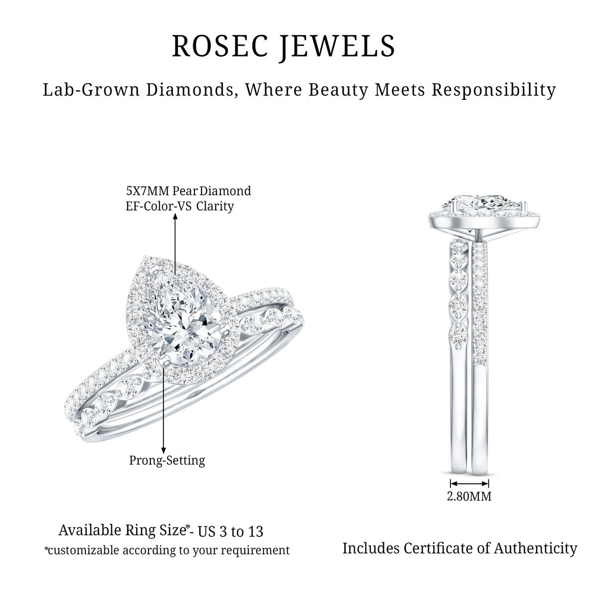 IGI Certified Pear Shaped Lab Grown Diamond Halo Wedding Ring Set 1 Carat