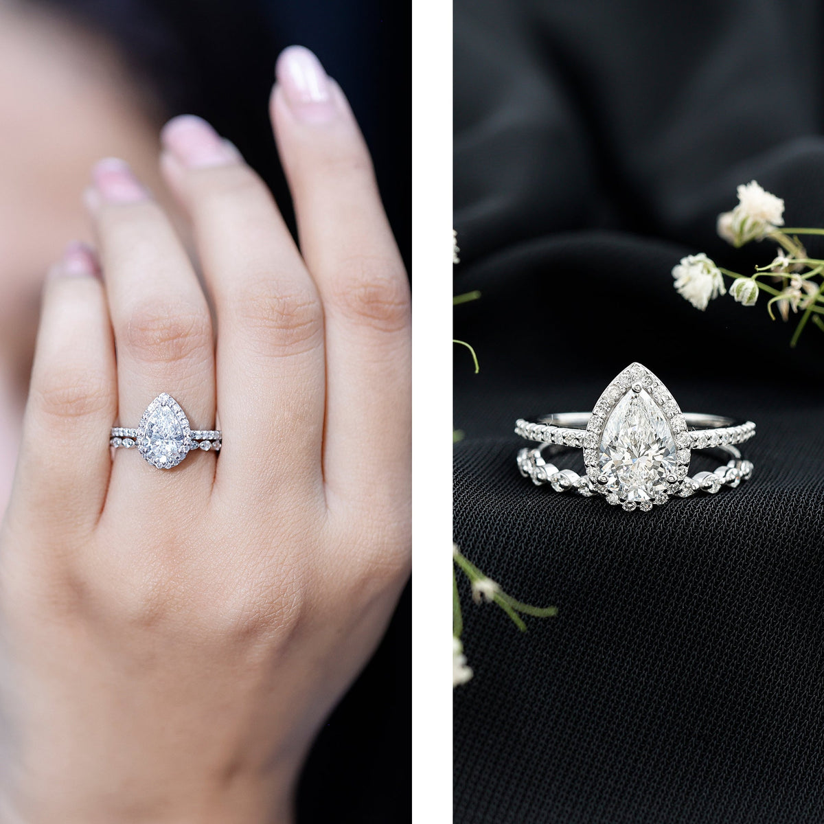 IGI Certified Pear Shaped Lab Grown Diamond Halo Wedding Ring Set 1 Carat