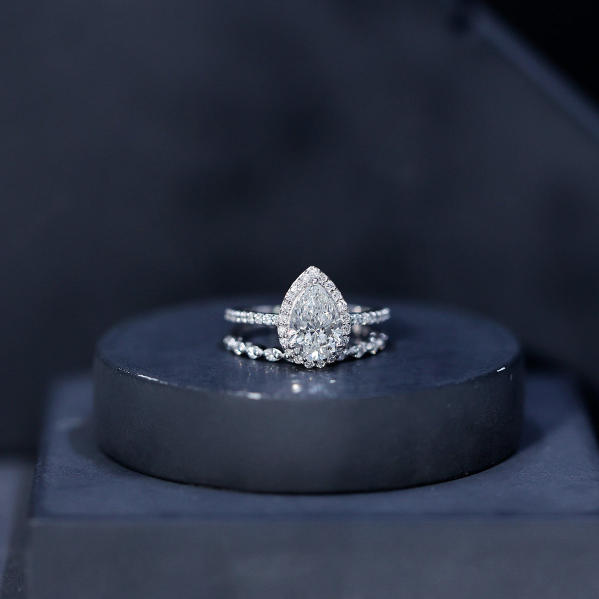 IGI Certified Pear Shaped Lab Grown Diamond Halo Wedding Ring Set 1 Carat