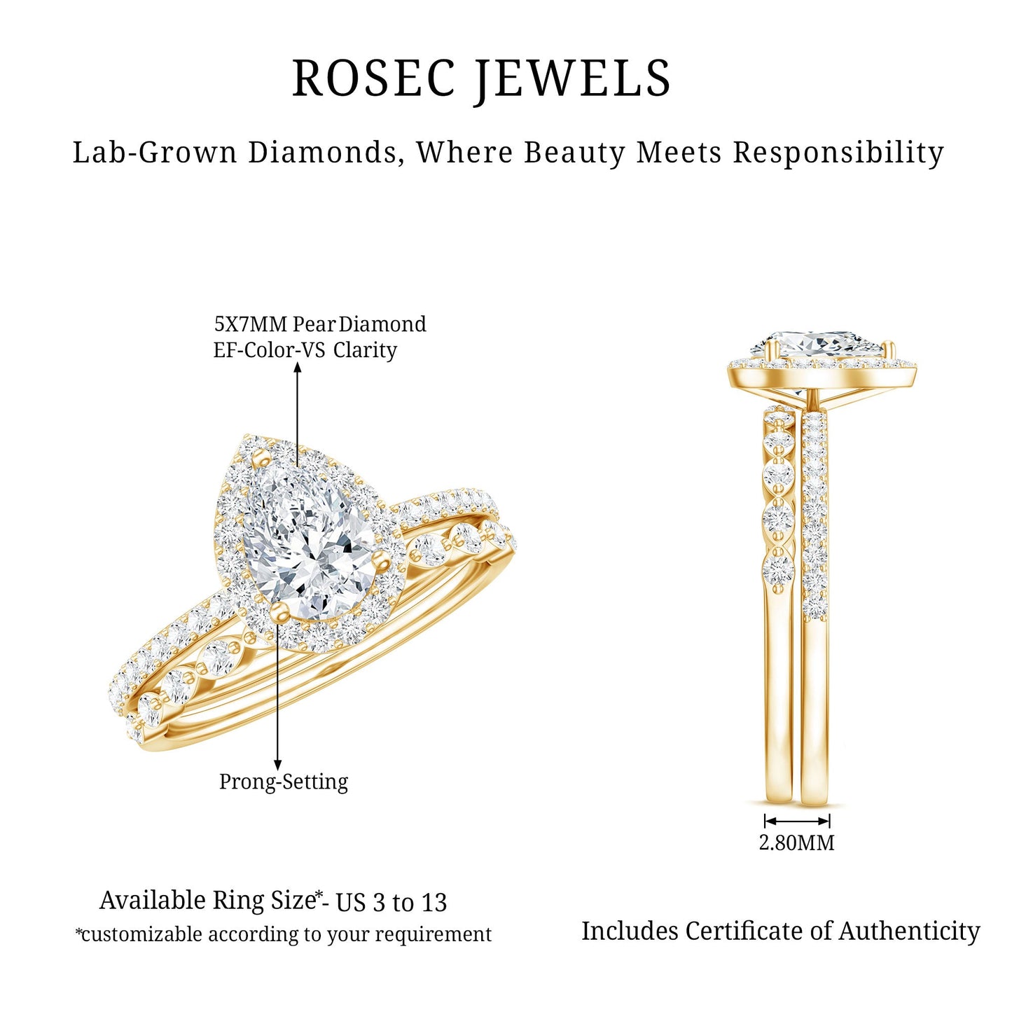 IGI Certified Pear Shaped Lab Grown Diamond Halo Wedding Ring Set 1 Carat