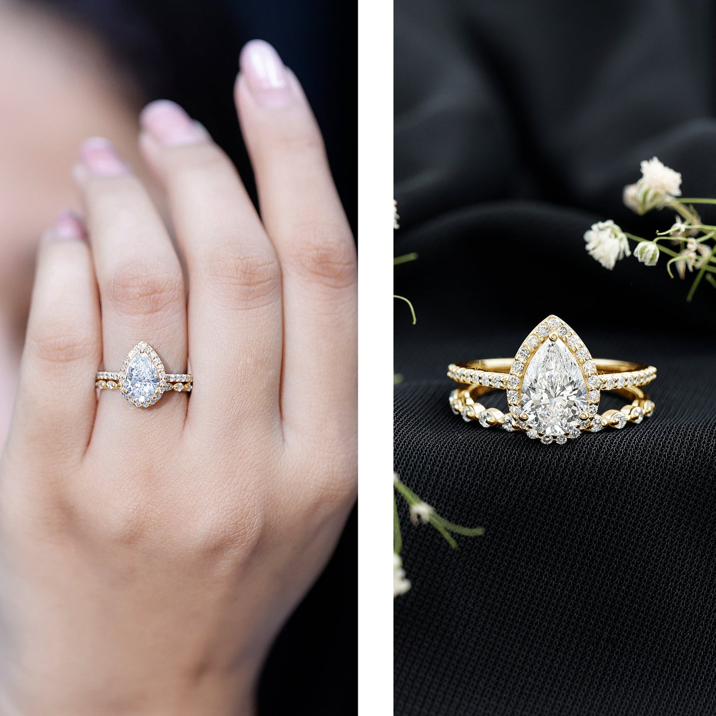 IGI Certified Pear Shaped Lab Grown Diamond Halo Wedding Ring Set 1 Carat