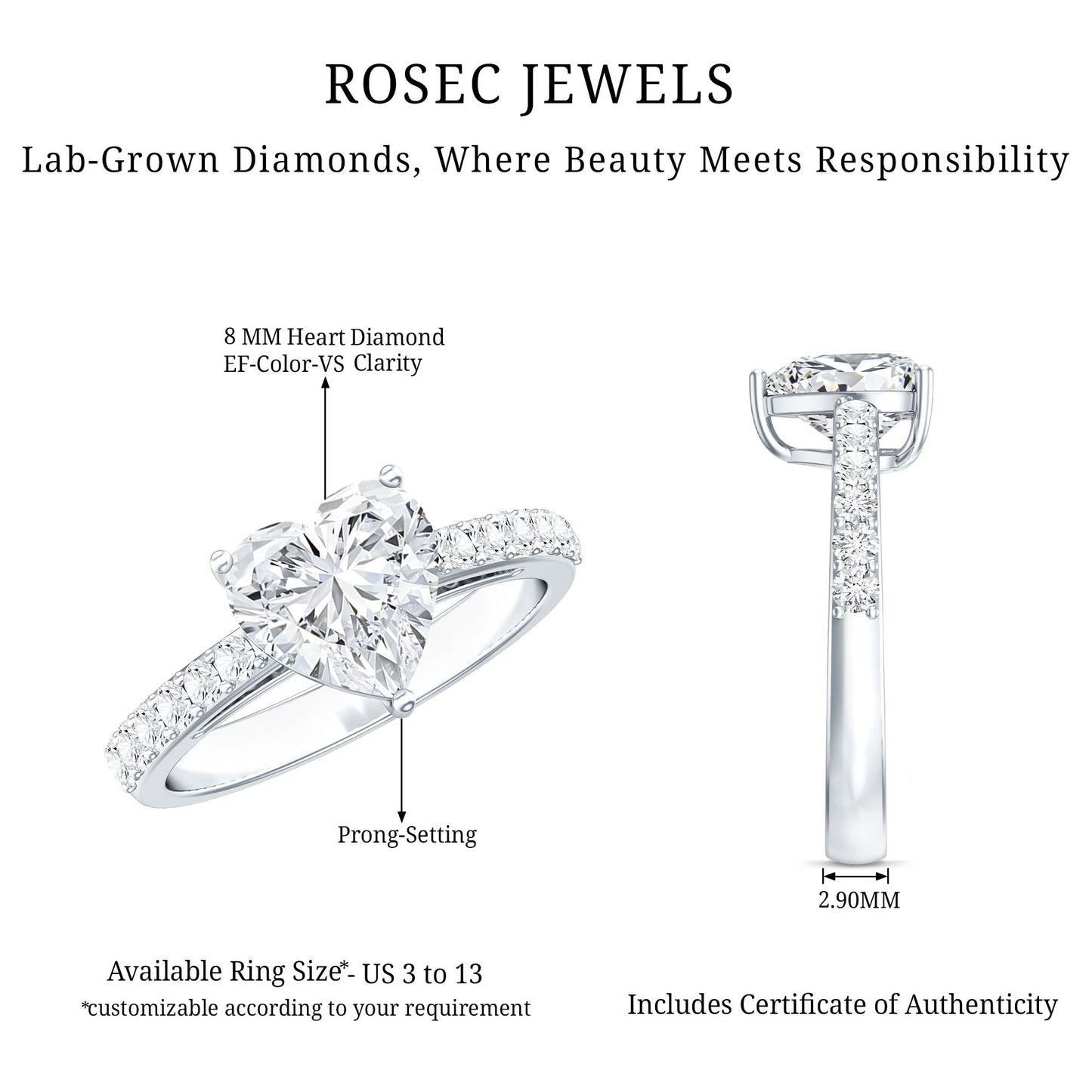 IGI Certified Heart Lab Grown Diamond Side Stone Engagement Ring 2 Carat