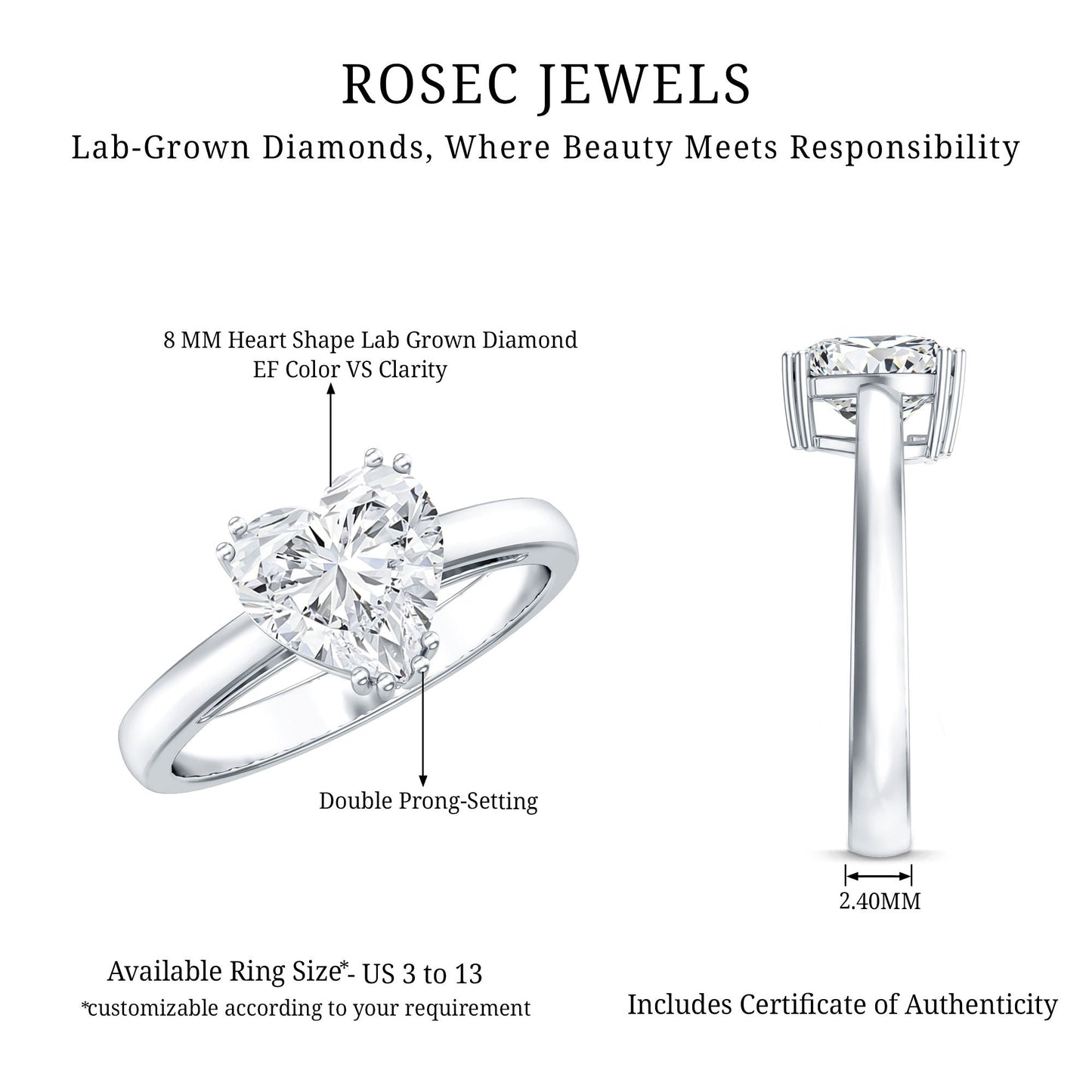 Heart Shaped 2 Carat Lab Grown Diamond Solitaire Engagement Ring with IGI Certificate