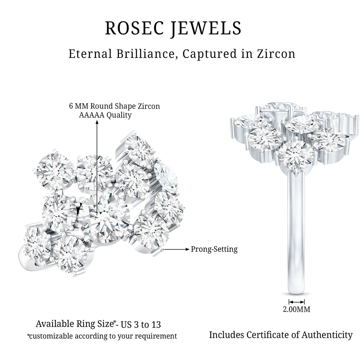 Certified Cubic Zirconia Cluster Engagement Ring in Silver