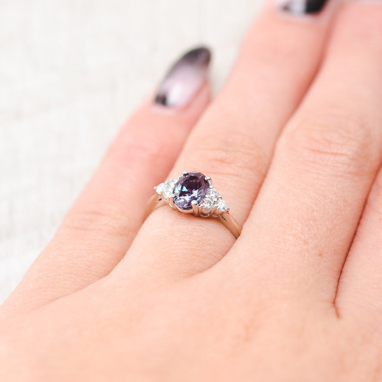 "Rhea" - Oval Cut Lab-Grown Alexandrite Engagement Ring With Diamond Accents