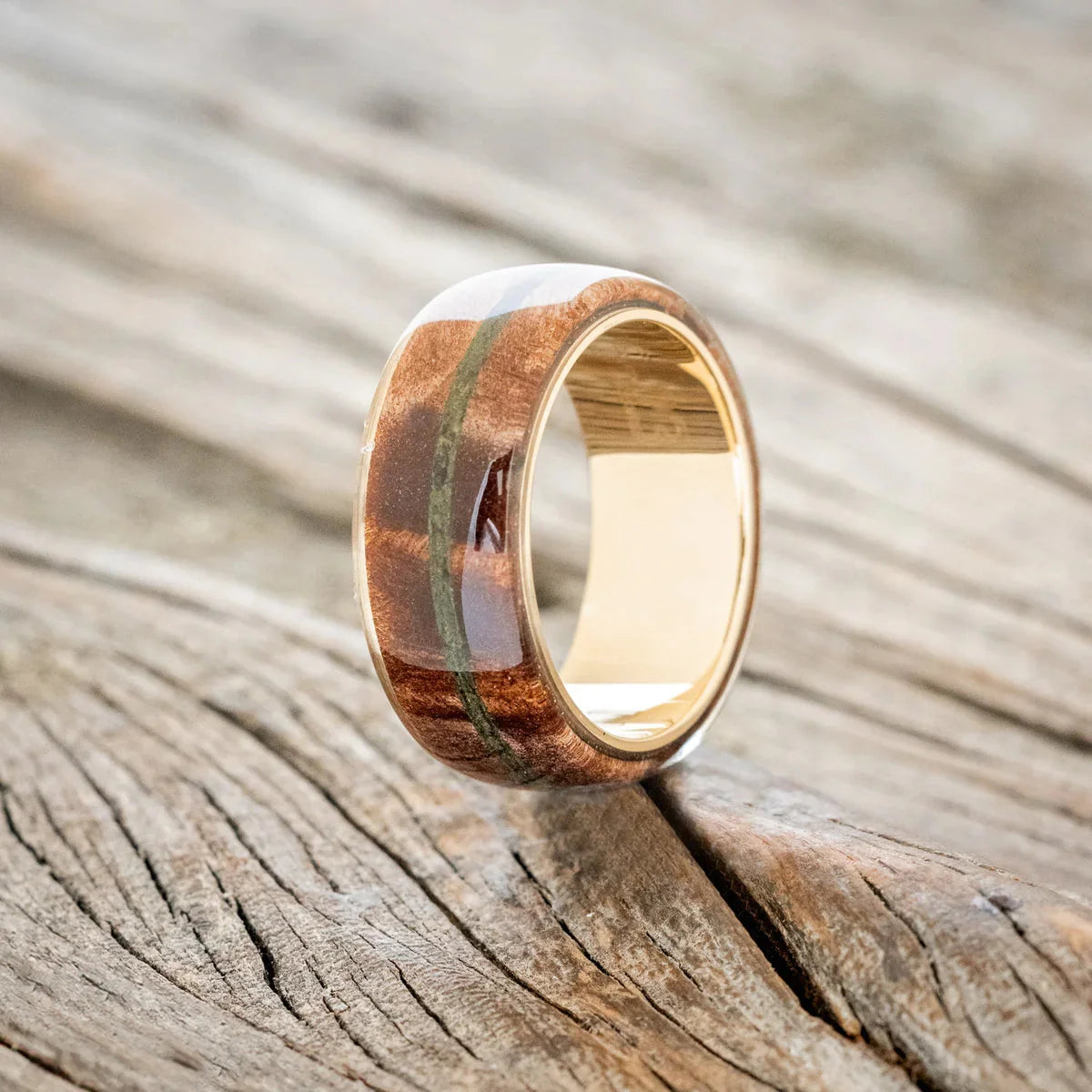 "Remmy" - Redwood & Moss Wedding Ring - 14K Yellow Gold - Size 8 3/4