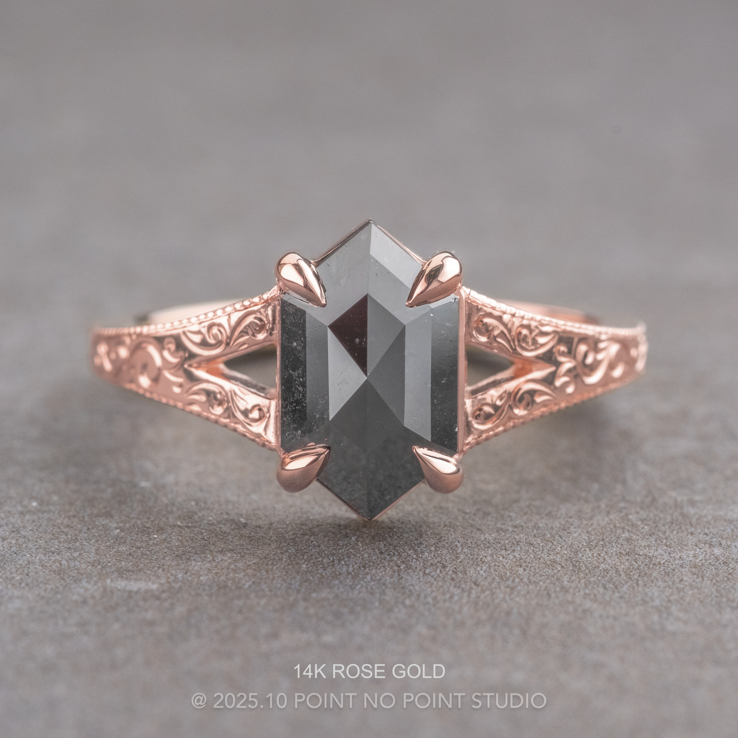 1.41 Carat Black Hexagon Diamond Engagement Ring, Engraved Split Shank Jane