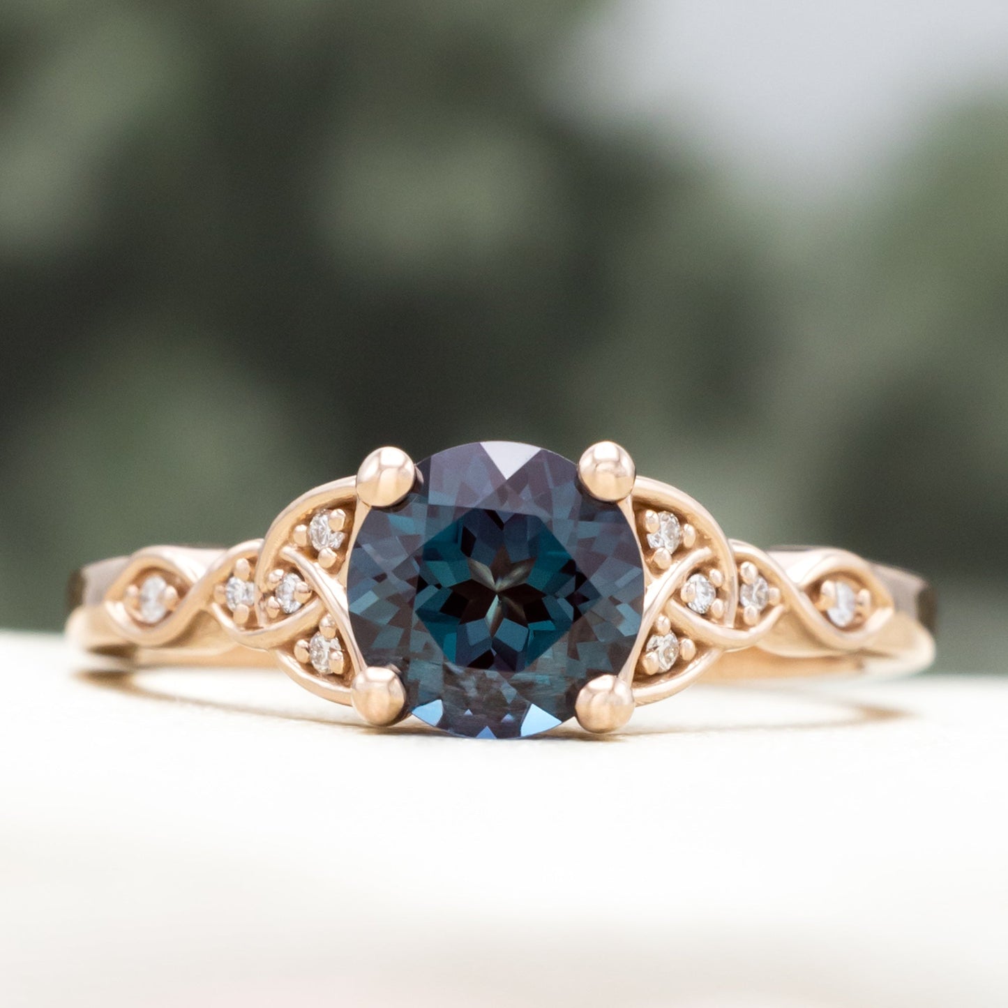 "Aife" - Celtic Knot Lab-Grown Alexandrite Engagement Ring With Diamond Accents & Tracer
