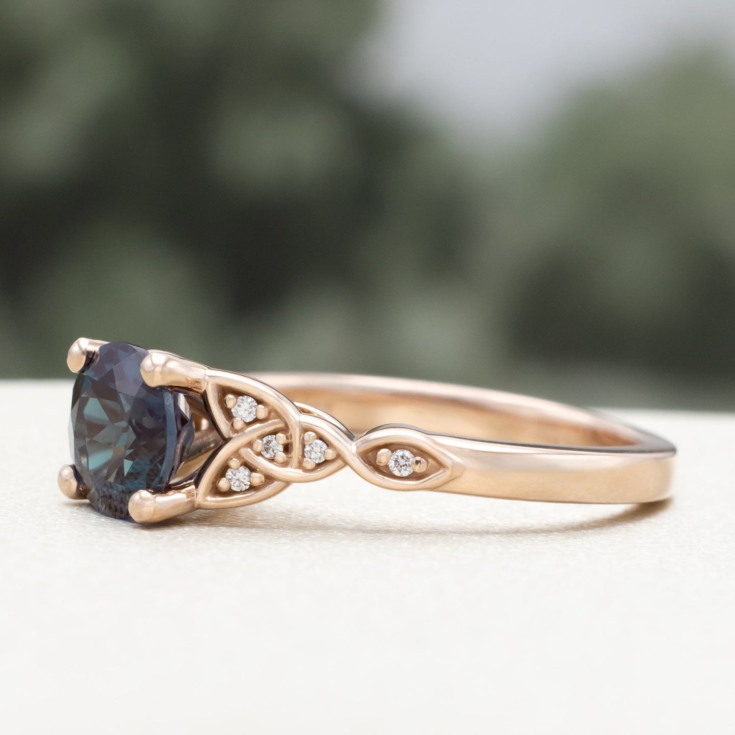 "Aife" - Celtic Knot Lab-Grown Alexandrite Engagement Ring With Diamond Accents & Tracer