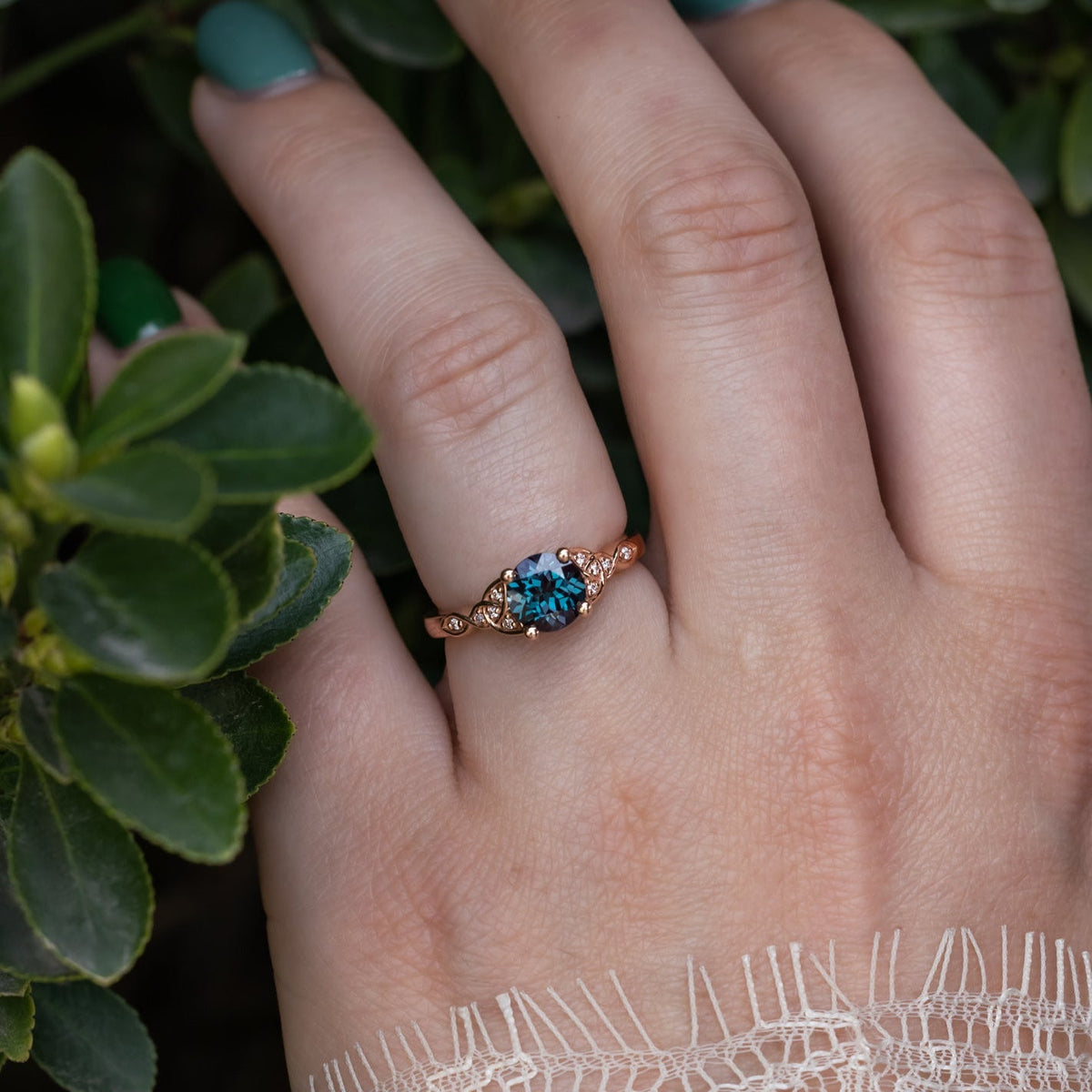 "Aife" - Celtic Knot Lab-Grown Alexandrite Engagement Ring With Diamond Accents & Tracer