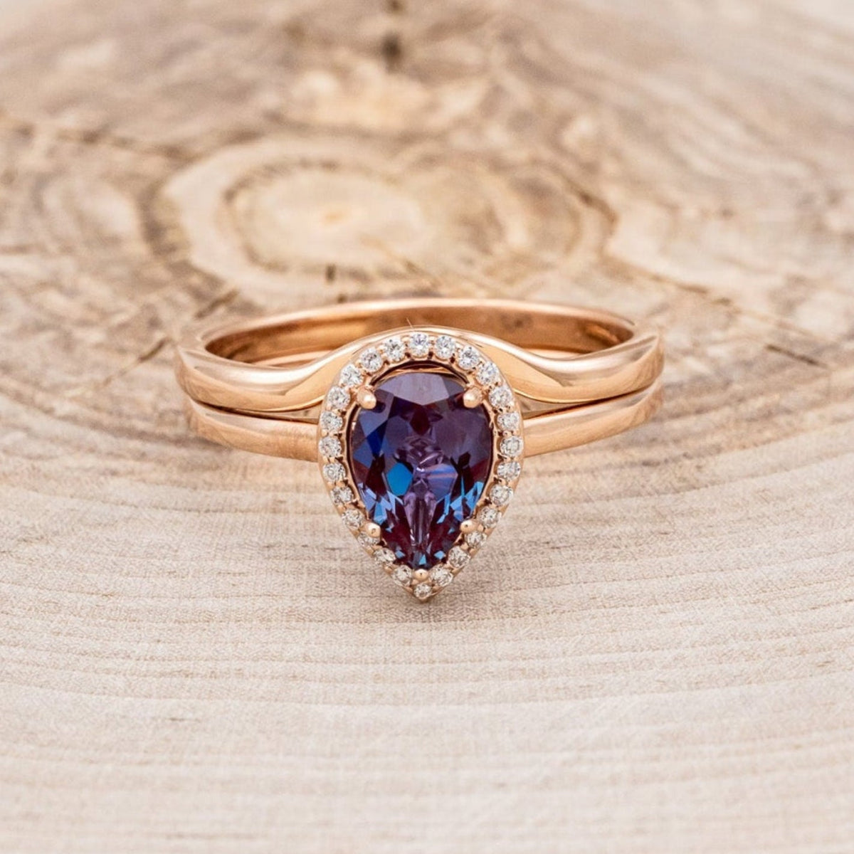 "Clariss" - Pear Cut Engagement Ring With Diamond Accents & A Contoured Stacker