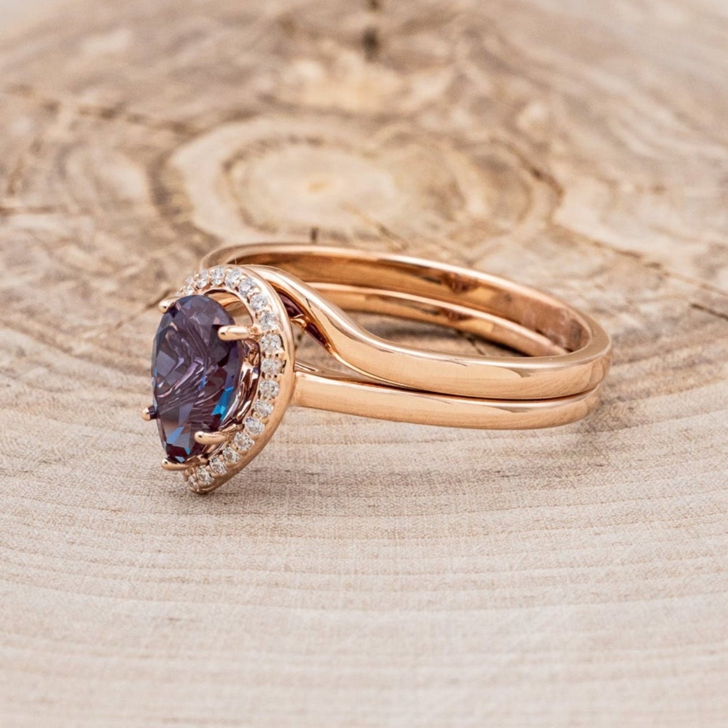 "Clariss" - Pear Cut Engagement Ring With Diamond Accents & A Contoured Stacker