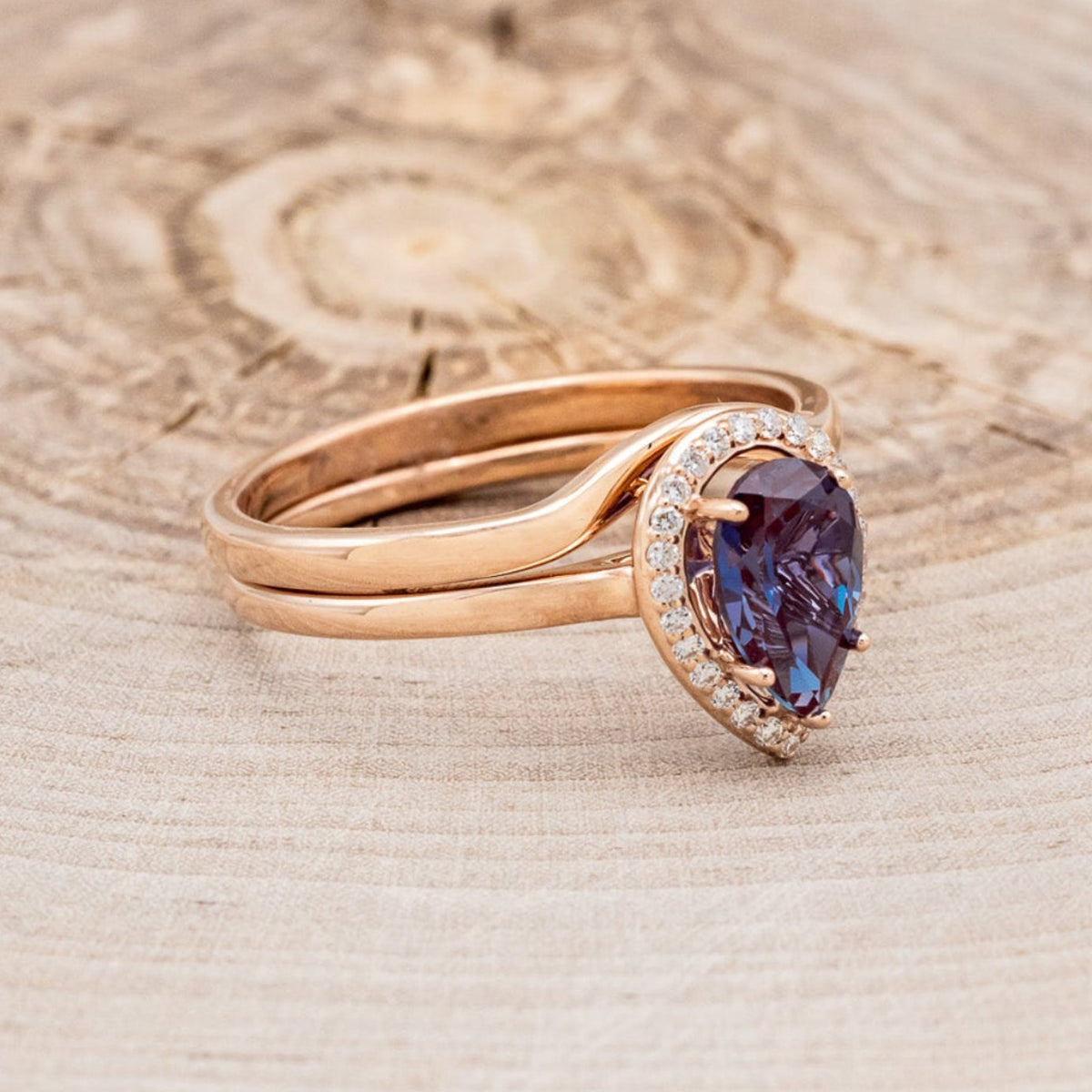 "Clariss" - Pear Cut Engagement Ring With Diamond Accents & A Contoured Stacker