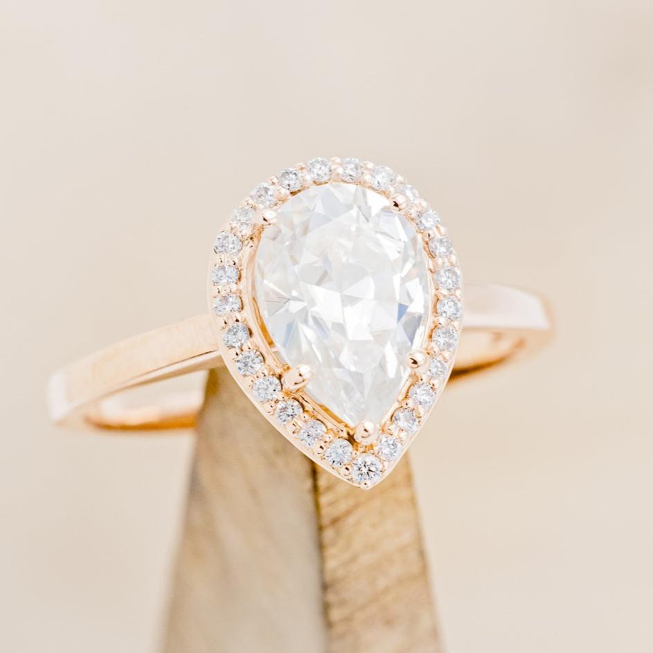 "Clariss" - Pear Cut Moissanite Engagement Ring With Diamond Halo
