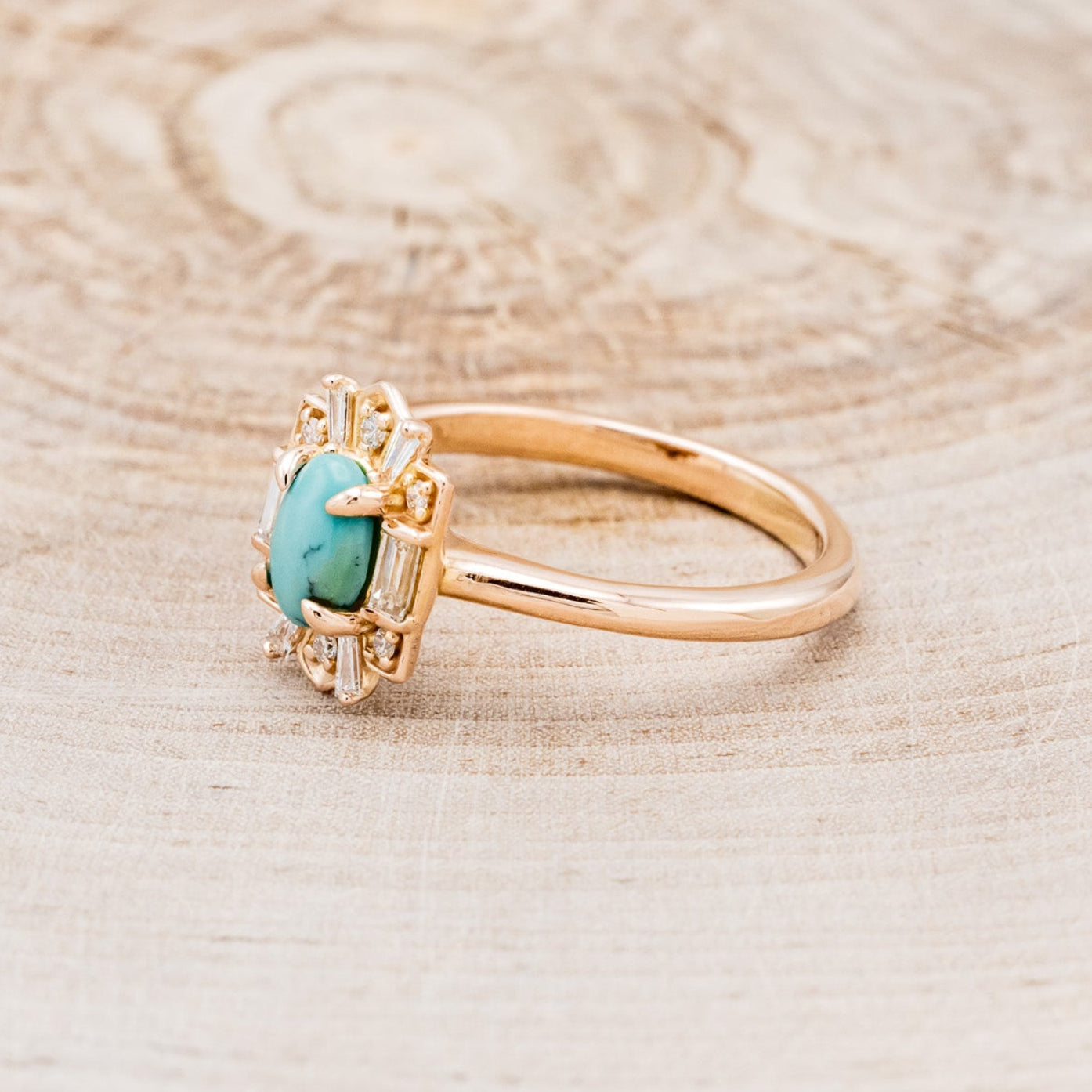 "Cleopatra" - Turquoise Engagement Ring With Diamond Accents & "Sama" Tracers