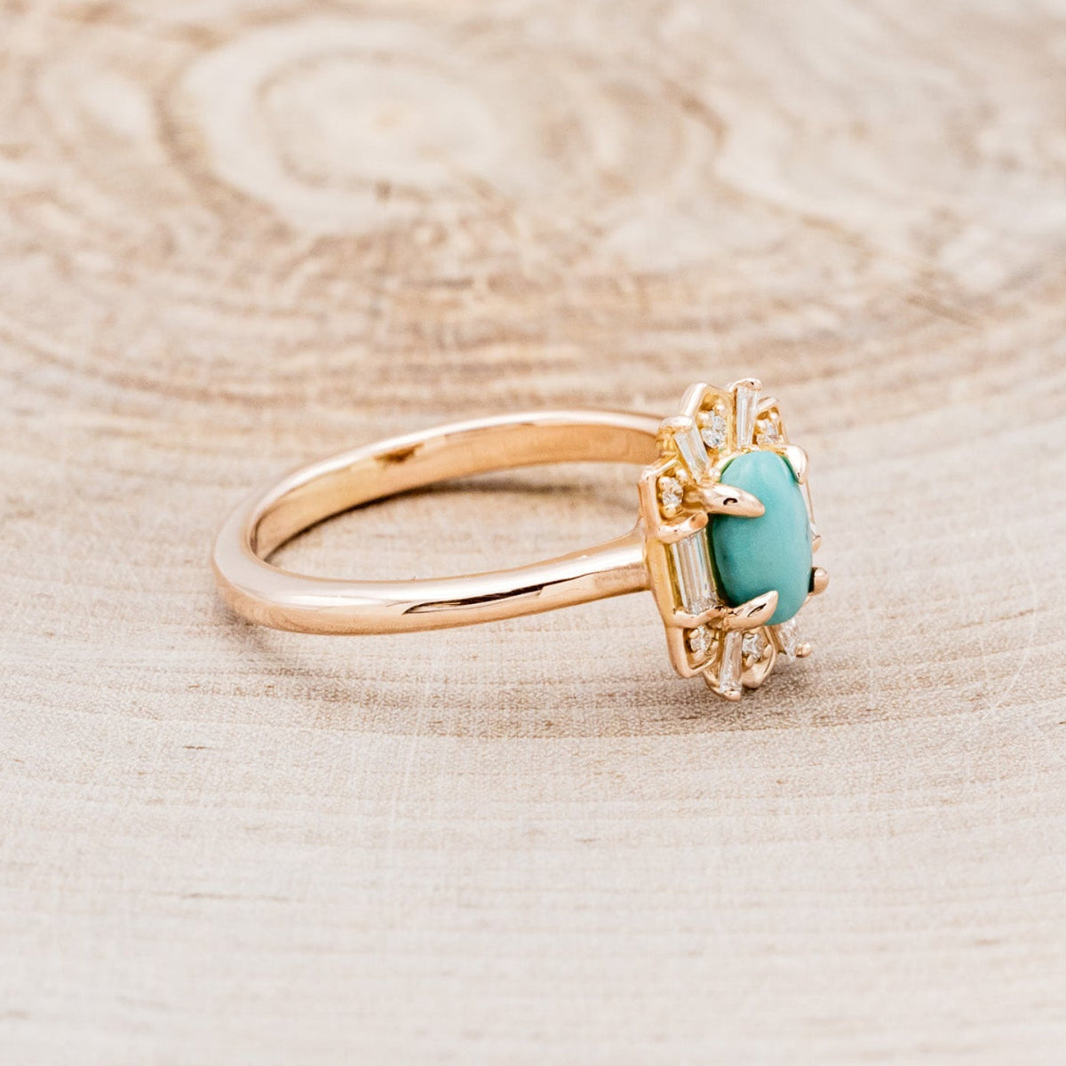 "Cleopatra" - Turquoise Engagement Ring With Diamond Accents & "Sama" Tracers