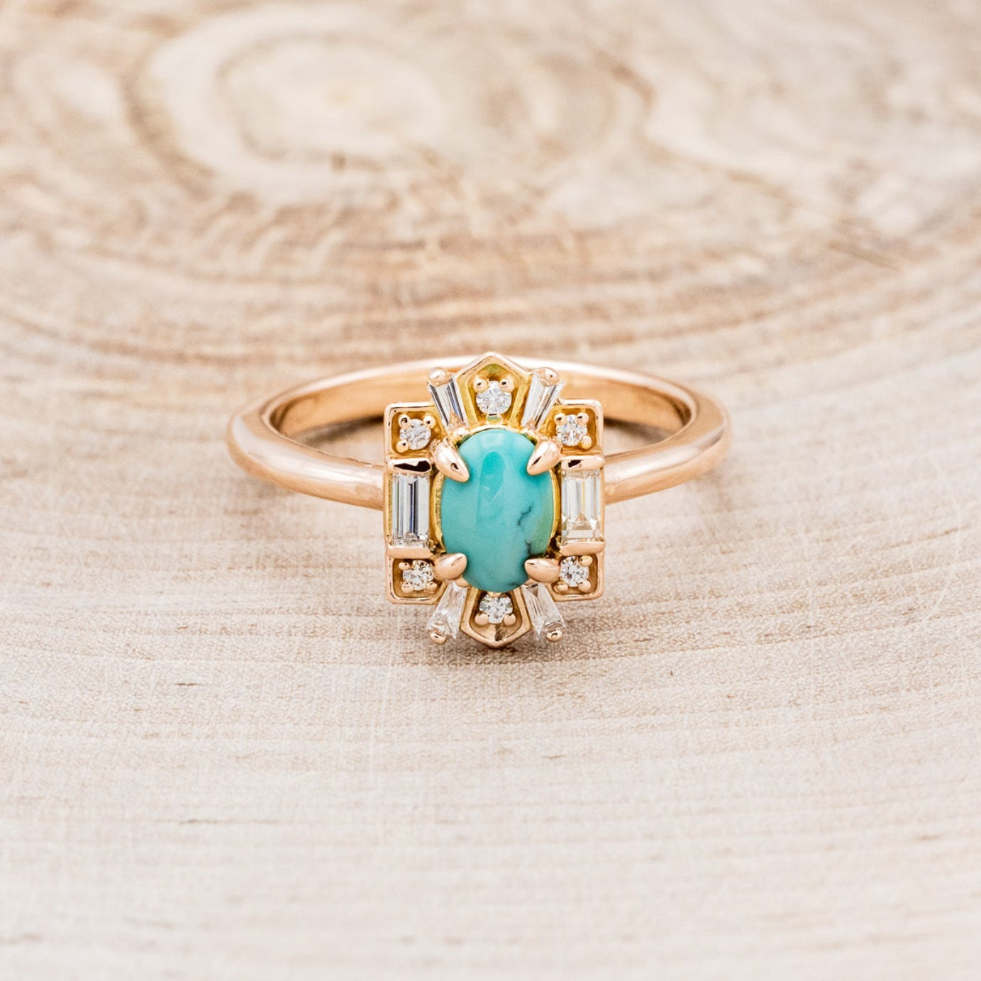 "Cleopatra" - Turquoise Engagement Ring With Diamond Accents & "Sama" Tracers
