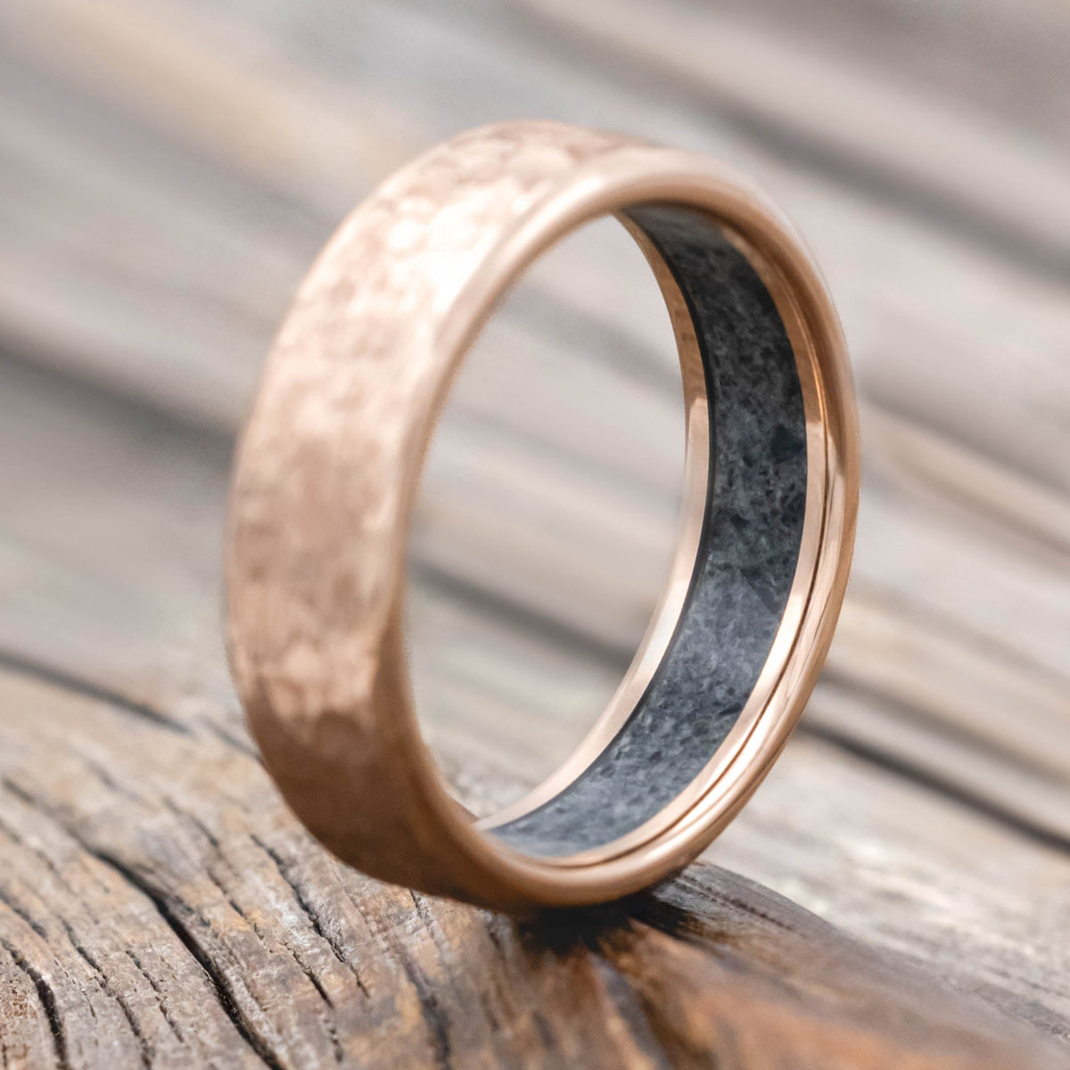 "Hyperion" - Crushed Moss Agate Lined Wedding Band With Custom Finish