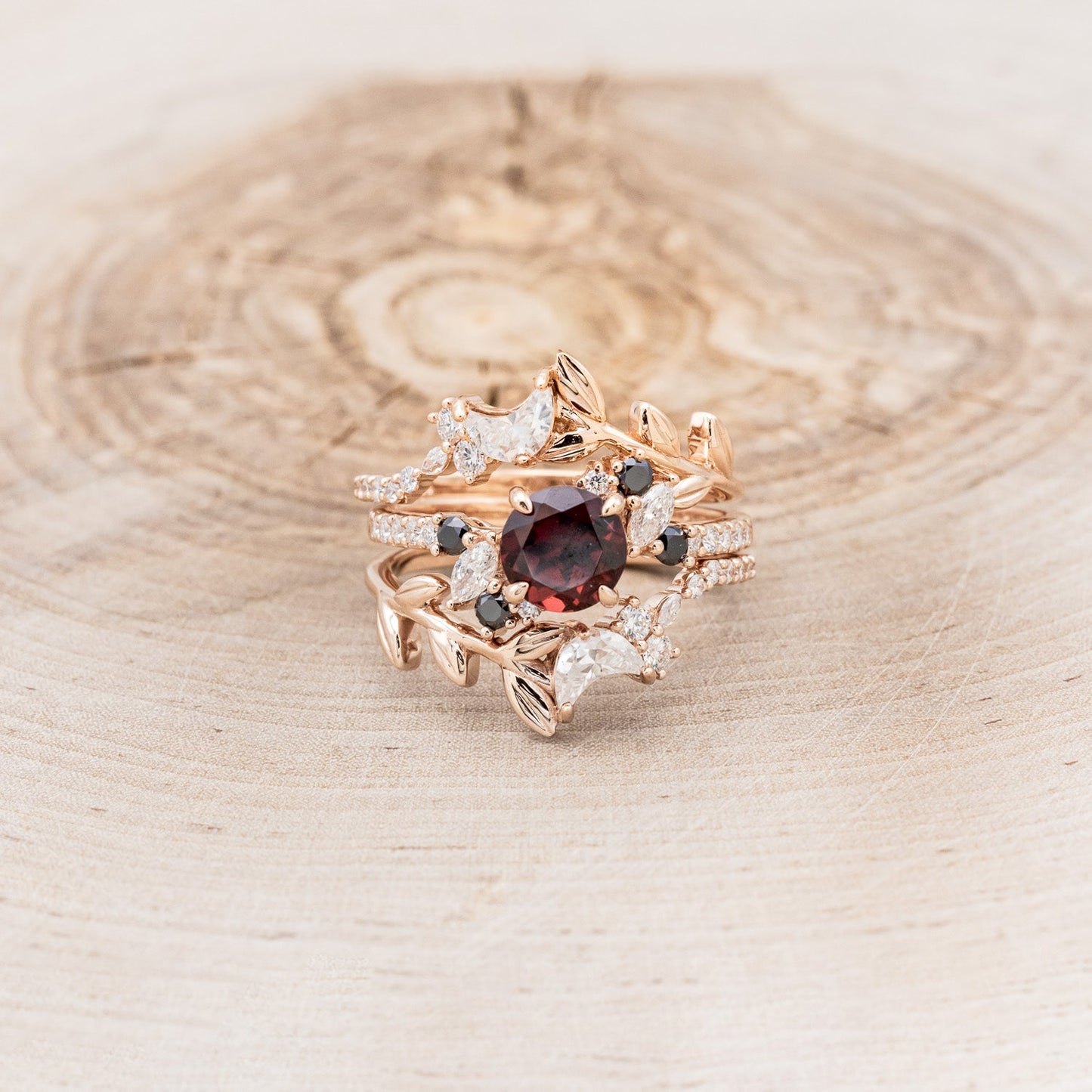 "Demeter" - Bridal Suite - Round Cut Garnet Engagement Ring With Black & White Diamond Accents & Two Diamond Tracers With Crescent Moon Accents
