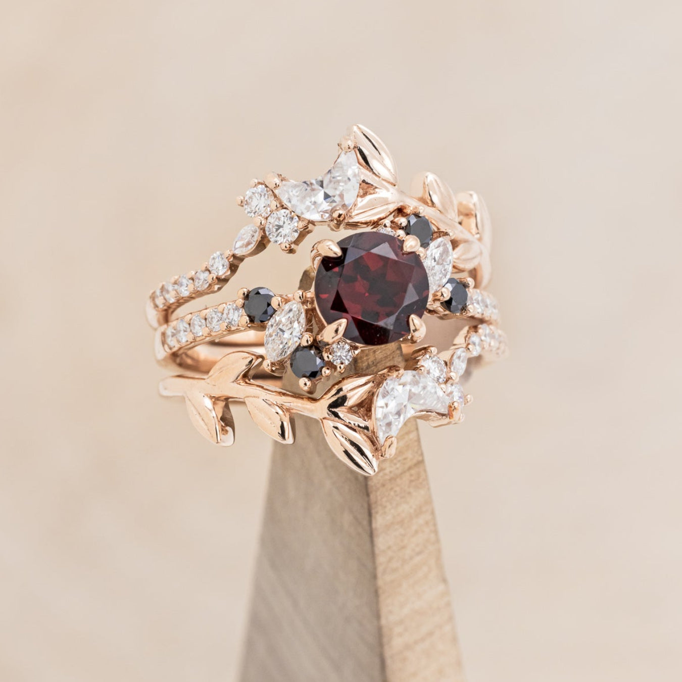 "Demeter" - Bridal Suite - Round Cut Garnet Engagement Ring With Black & White Diamond Accents & Two Diamond Tracers With Crescent Moon Accents
