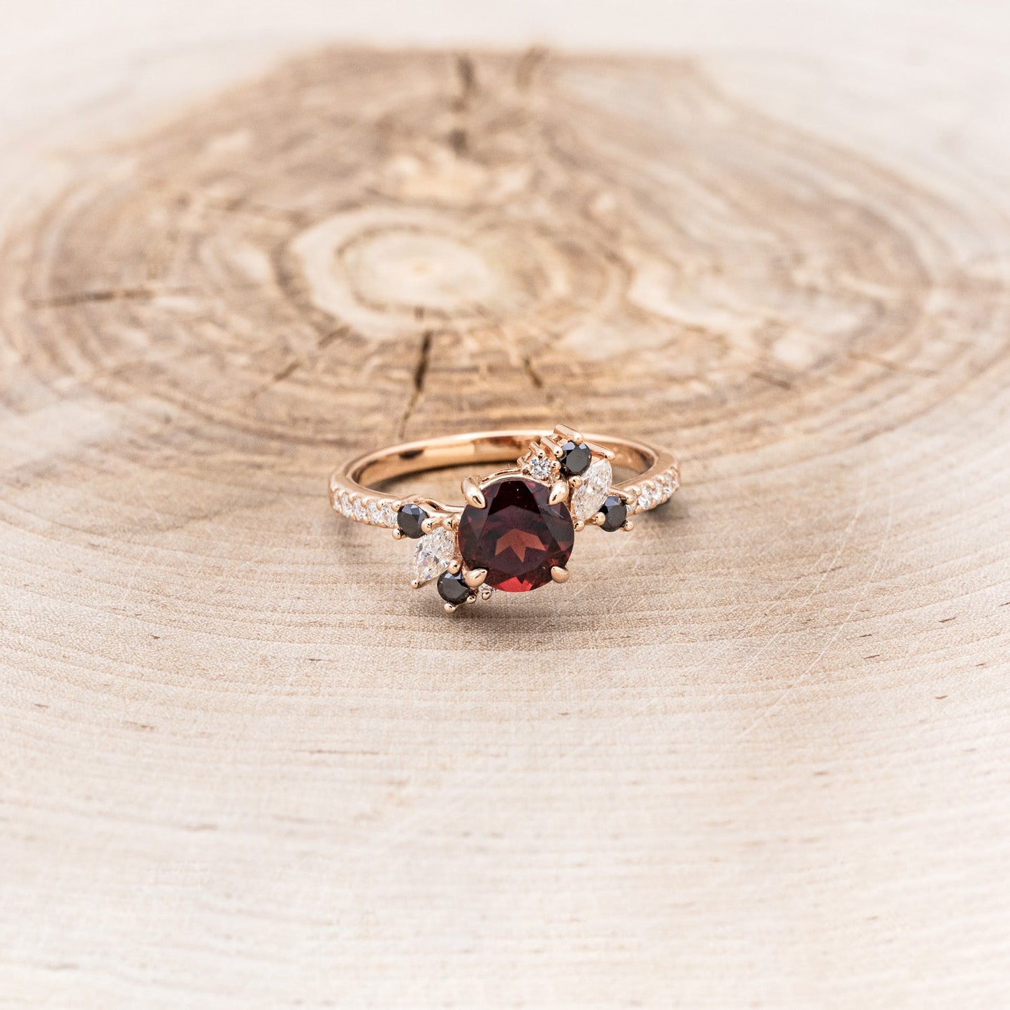 "Demeter" - Bridal Suite - Round Cut Garnet Engagement Ring With Black & White Diamond Accents & Two Diamond Tracers With Crescent Moon Accents