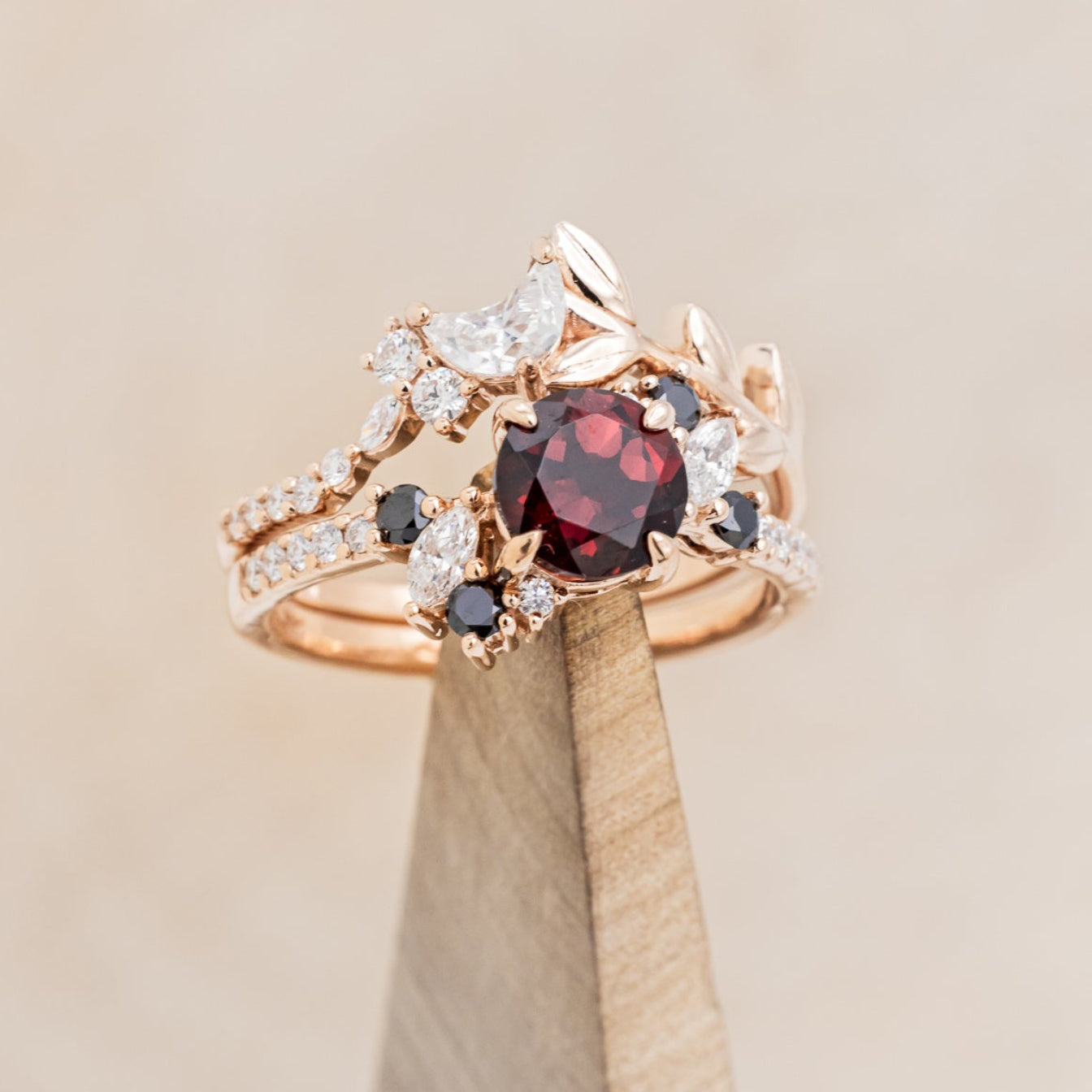 "Demeter" - Bridal Suite - Round Cut Garnet Engagement Ring With Black & White Diamond Accents & Two Diamond Tracers With Crescent Moon Accents
