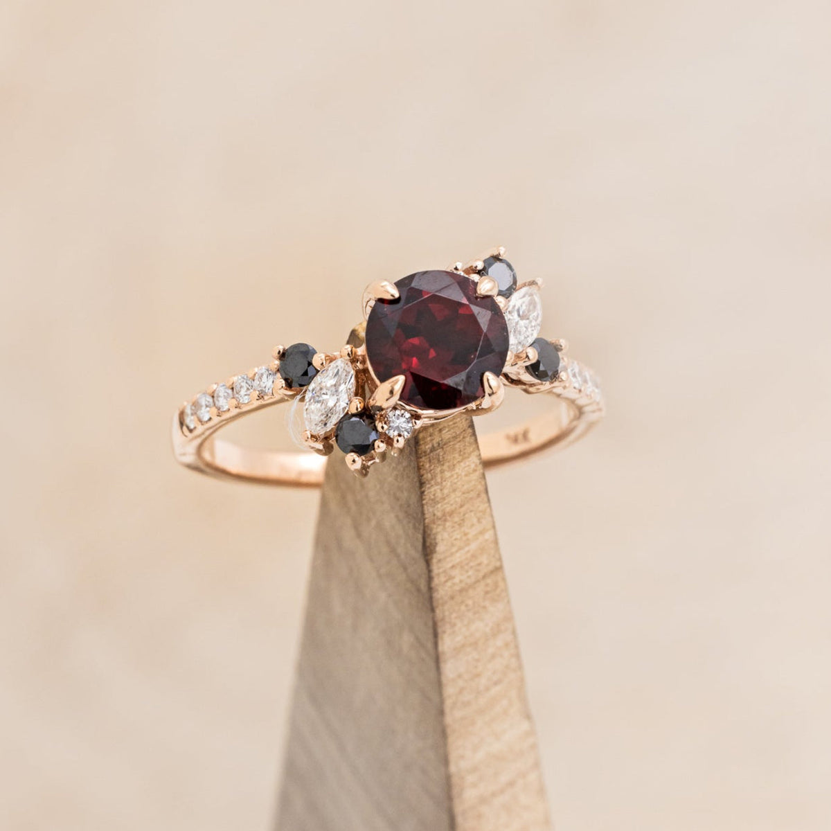 "Demeter" - Bridal Suite - Round Cut Garnet Engagement Ring With Black & White Diamond Accents & Two Diamond Tracers With Crescent Moon Accents