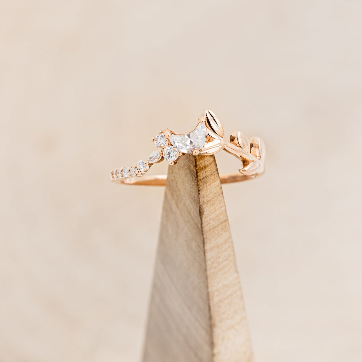 "Demeter" - Bridal Suite - Round Cut Garnet Engagement Ring With Black & White Diamond Accents & Two Diamond Tracers With Crescent Moon Accents
