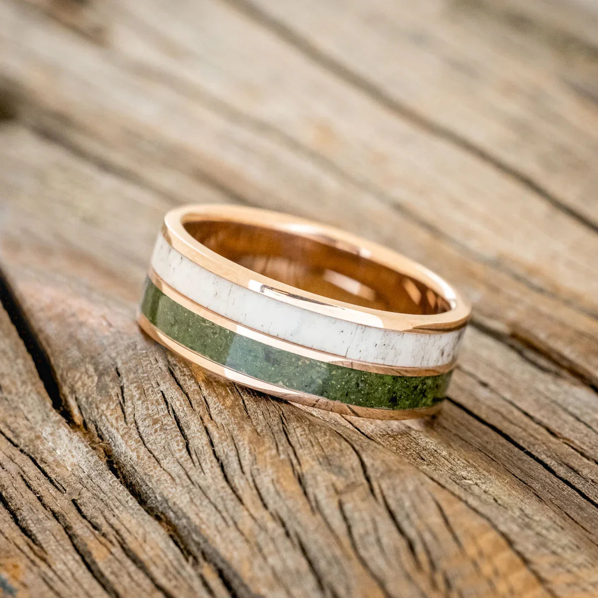 "Dyad" - Moss & Antler Wedding Band - 14K Rose Gold (8mm) - Size  7