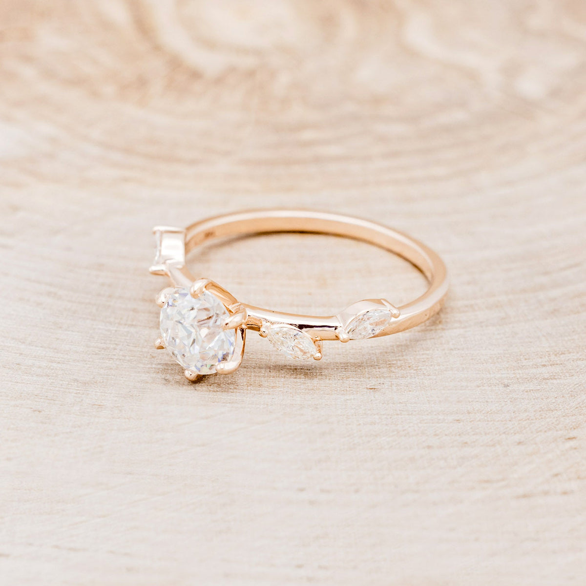 "Flora" - Round Cut Moissanite Engagement Ring With Marquise Cut Diamond Accents - 14K Yellow Gold - Size 4 1/2